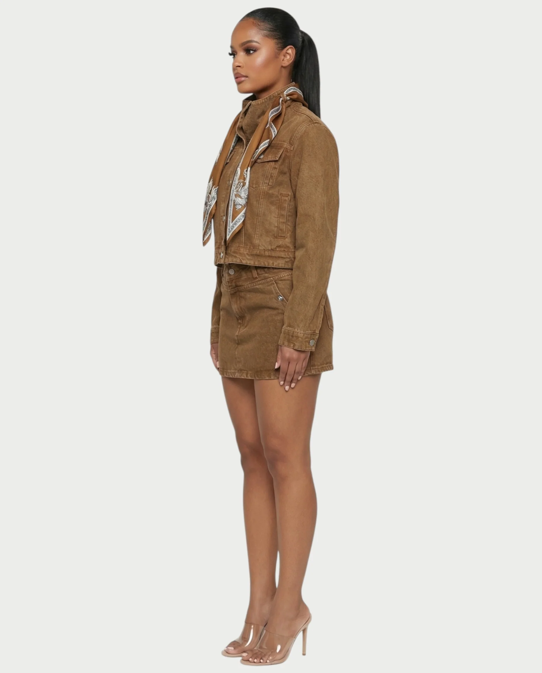 ROXIE Washed Denim Jacket with Scarf & Mini Skirt Set - Image 3