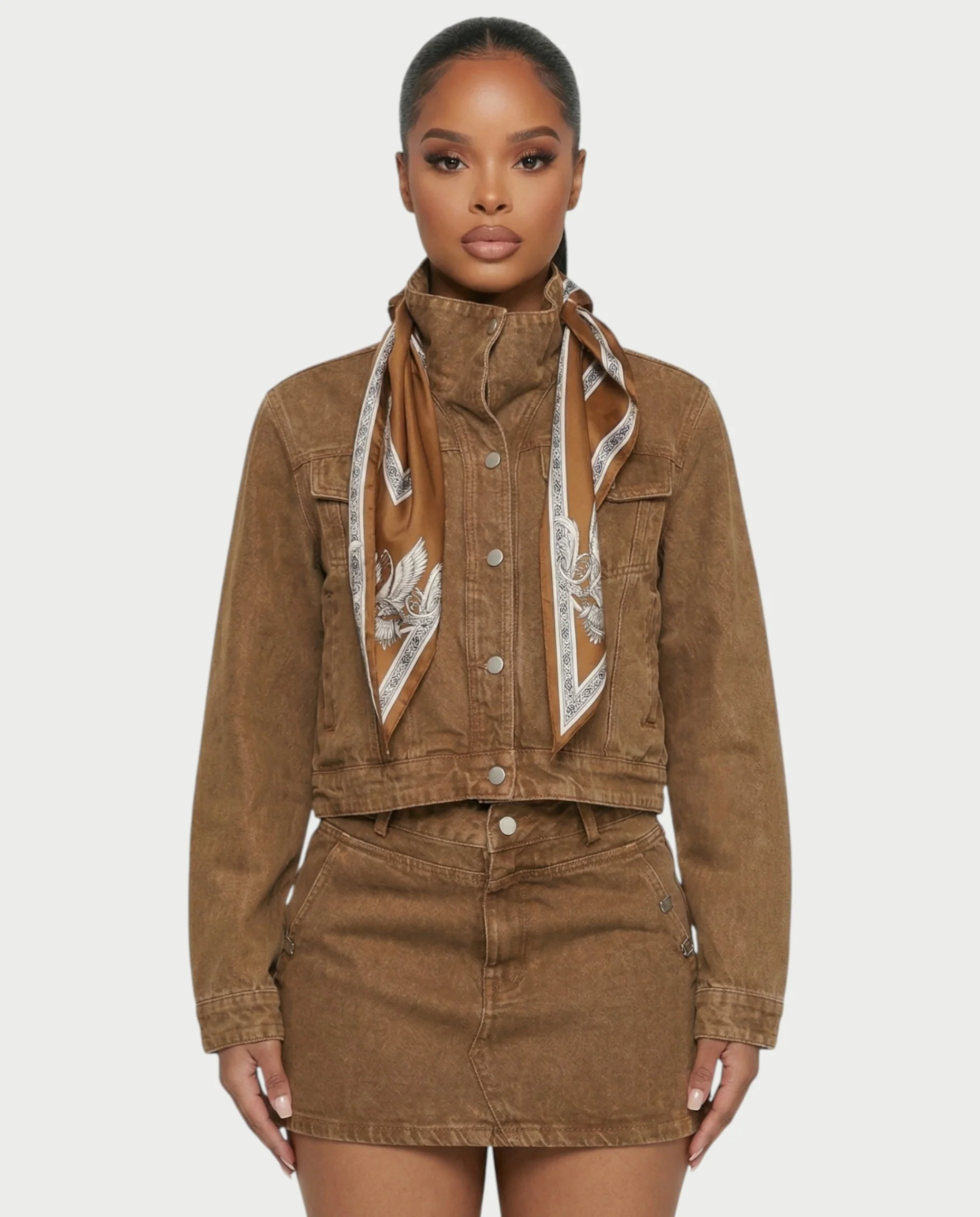 ROXIE Washed Denim Jacket with Scarf & Mini Skirt Set - Image 4