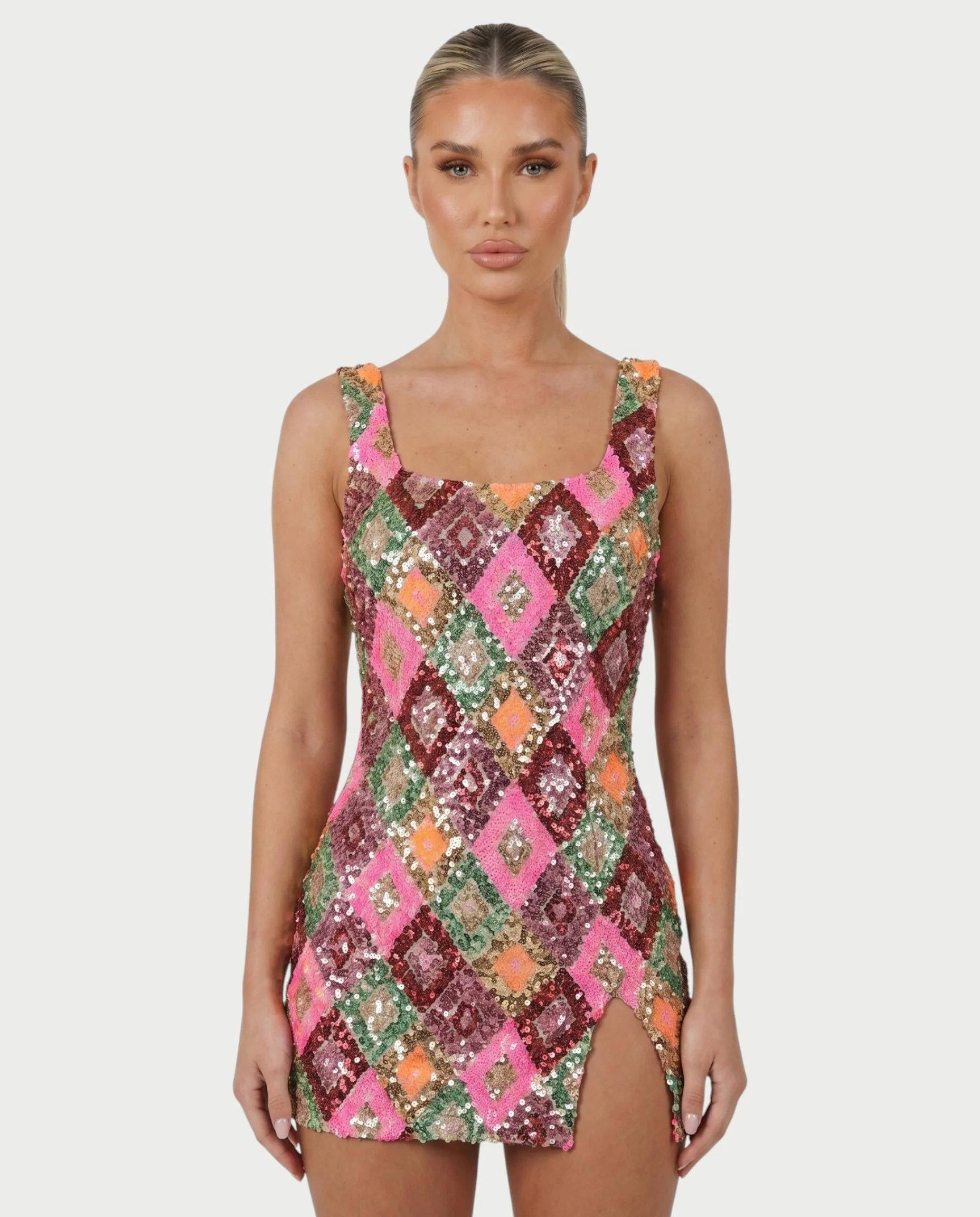 SAKIRA Pink Green Sequin Diamond Bodycon Mini Dress - Image 4