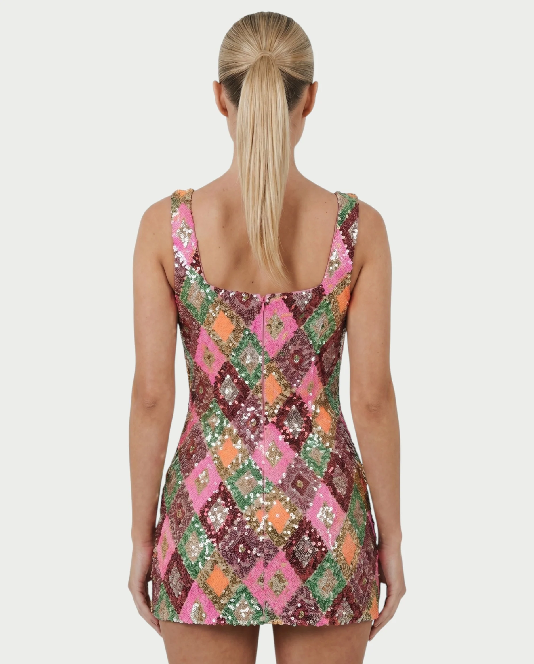 SAKIRA Pink Green Sequin Diamond Bodycon Mini Dress - Image 5
