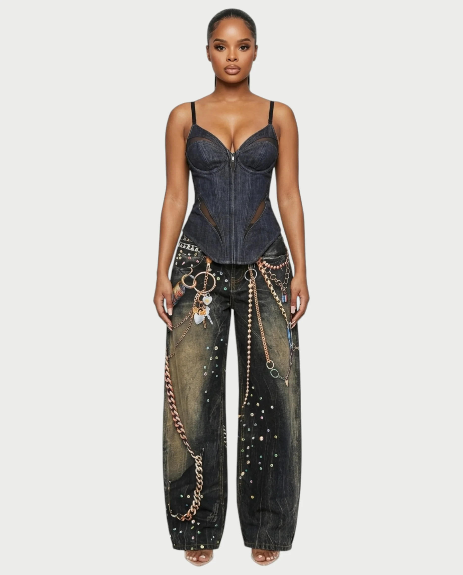 SANZA Vintage Denim Chain Detail Wide-Leg Pants - Image 3