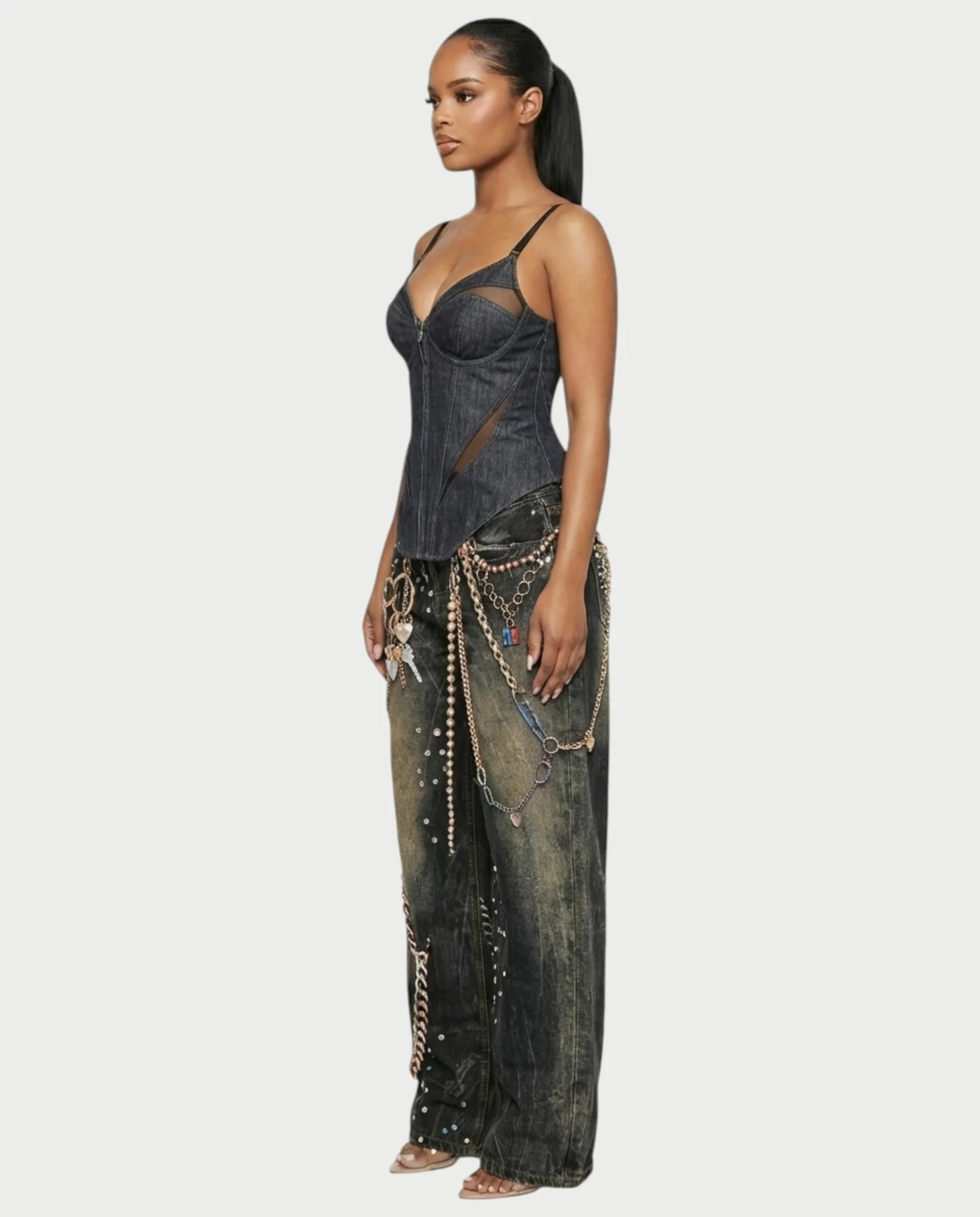 SANZA Vintage Denim Chain Detail Wide-Leg Pants - Image 4