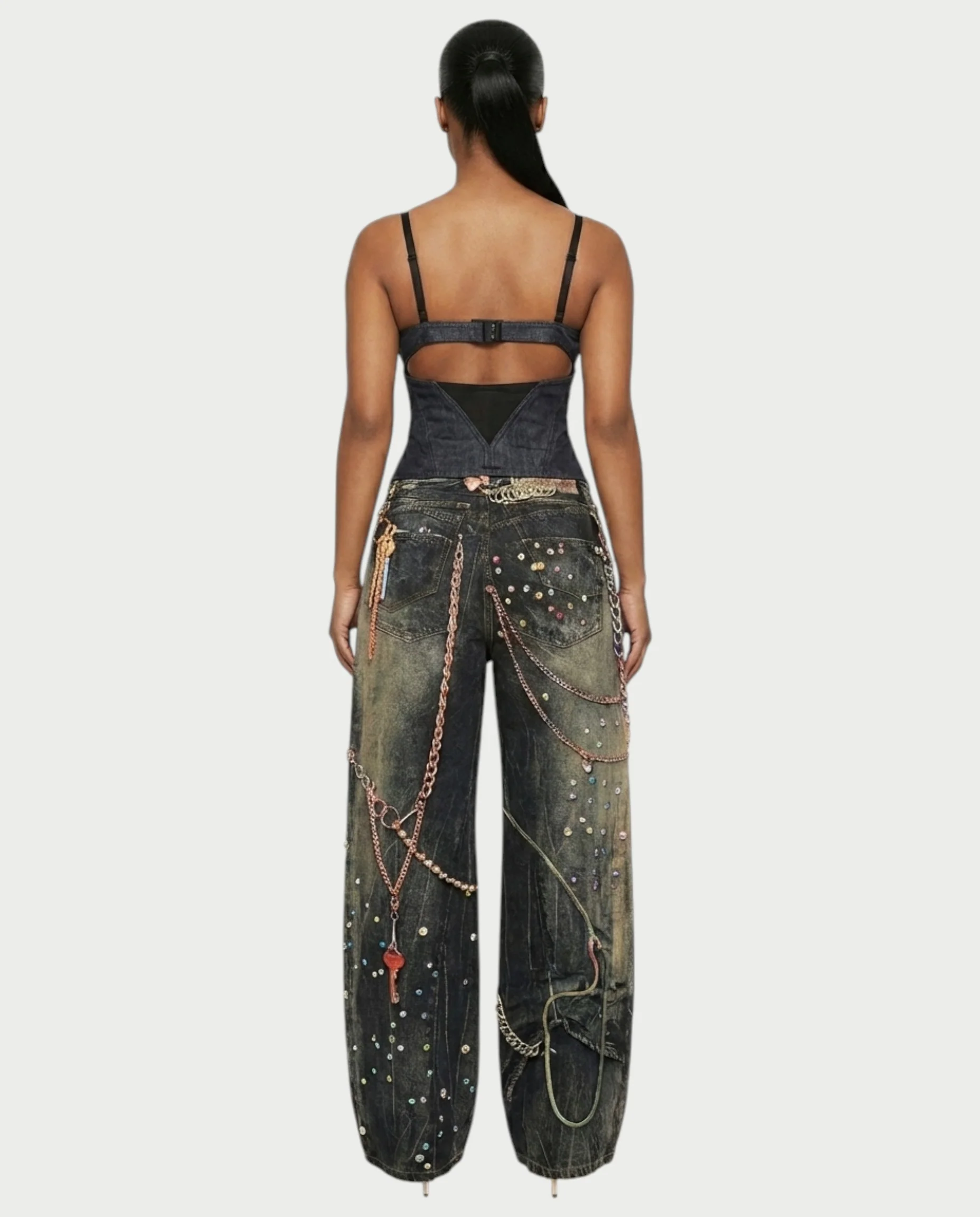 SANZA Vintage Denim Chain Detail Wide-Leg Pants - Image 5