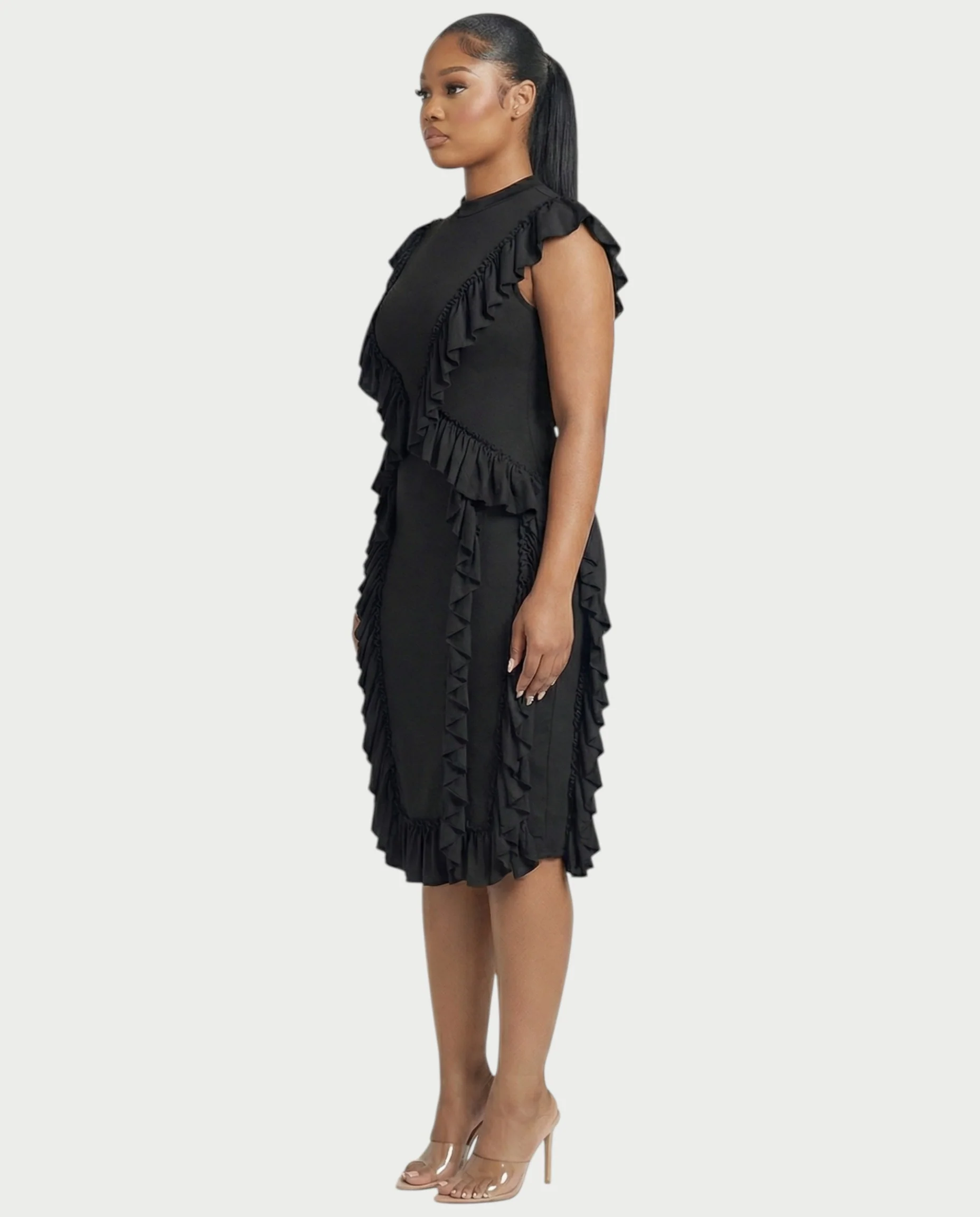 SARAYA Ruffle-Trim High Neck Bodycon Midi Dress - Image 3