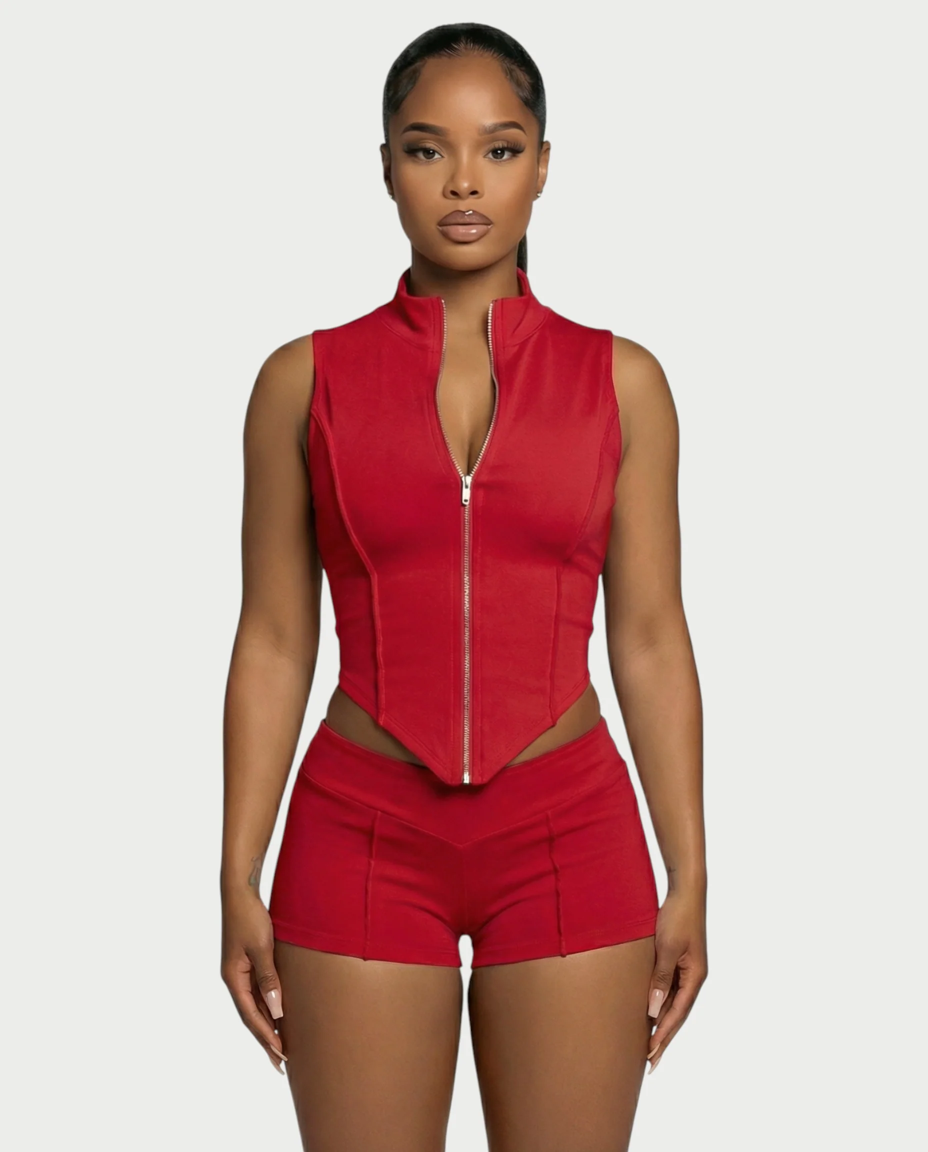 SARIAH Zip Up Cropped Tank Top & Shorts Set - Image 12