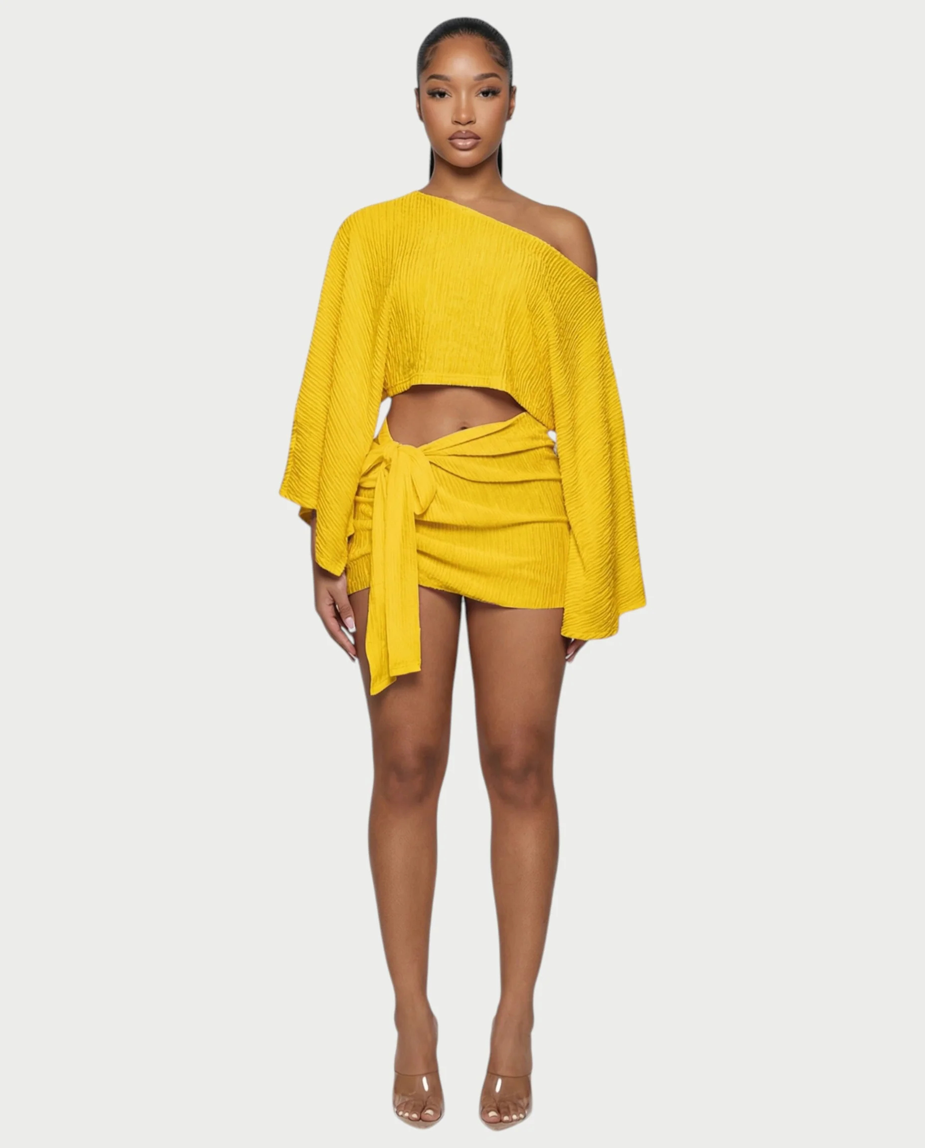SAYUNA One-Shoulder Top & Tie-Front Mini Skirt Set
