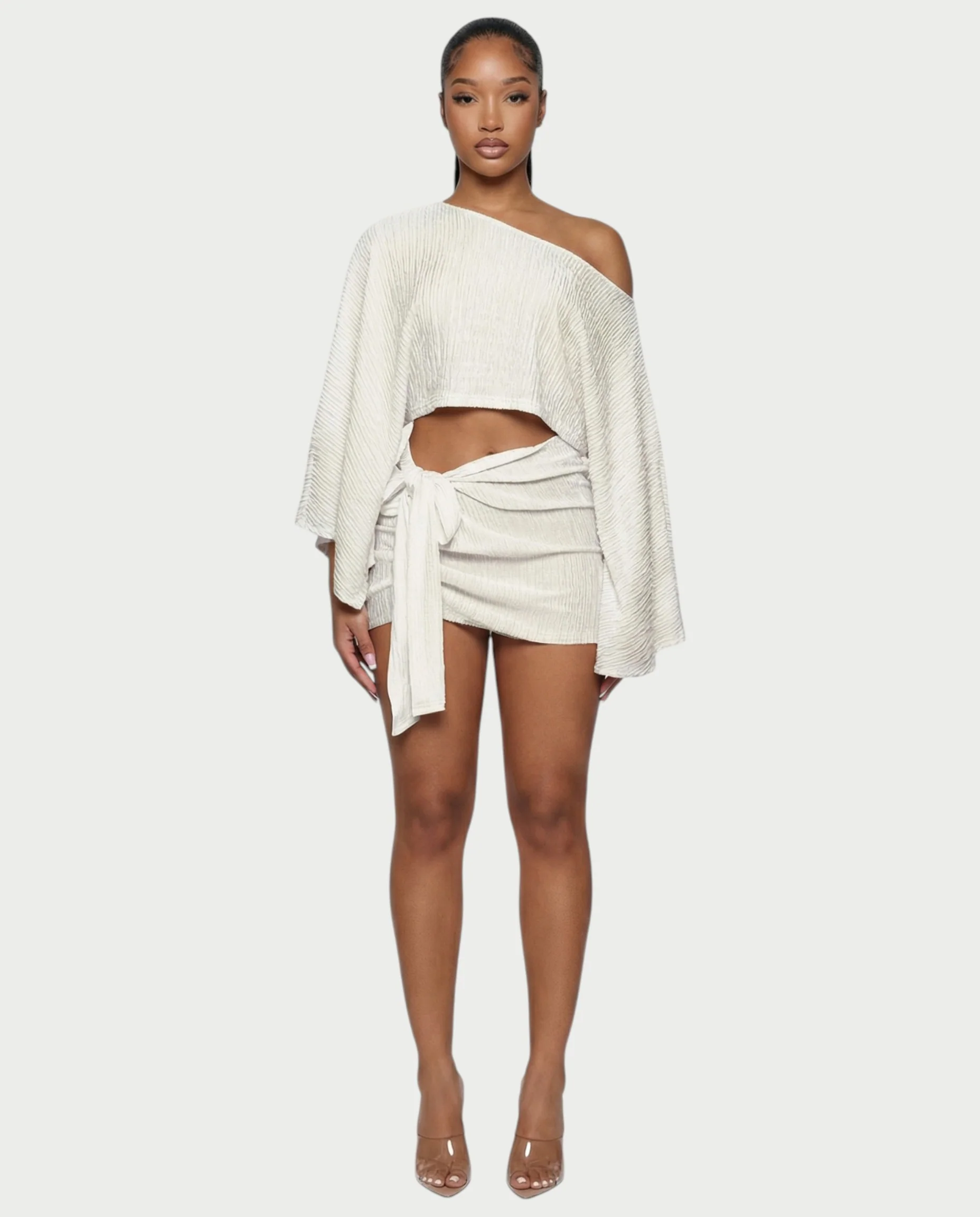 SAYUNA One-Shoulder Top & Tie-Front Mini Skirt Set - Image 11
