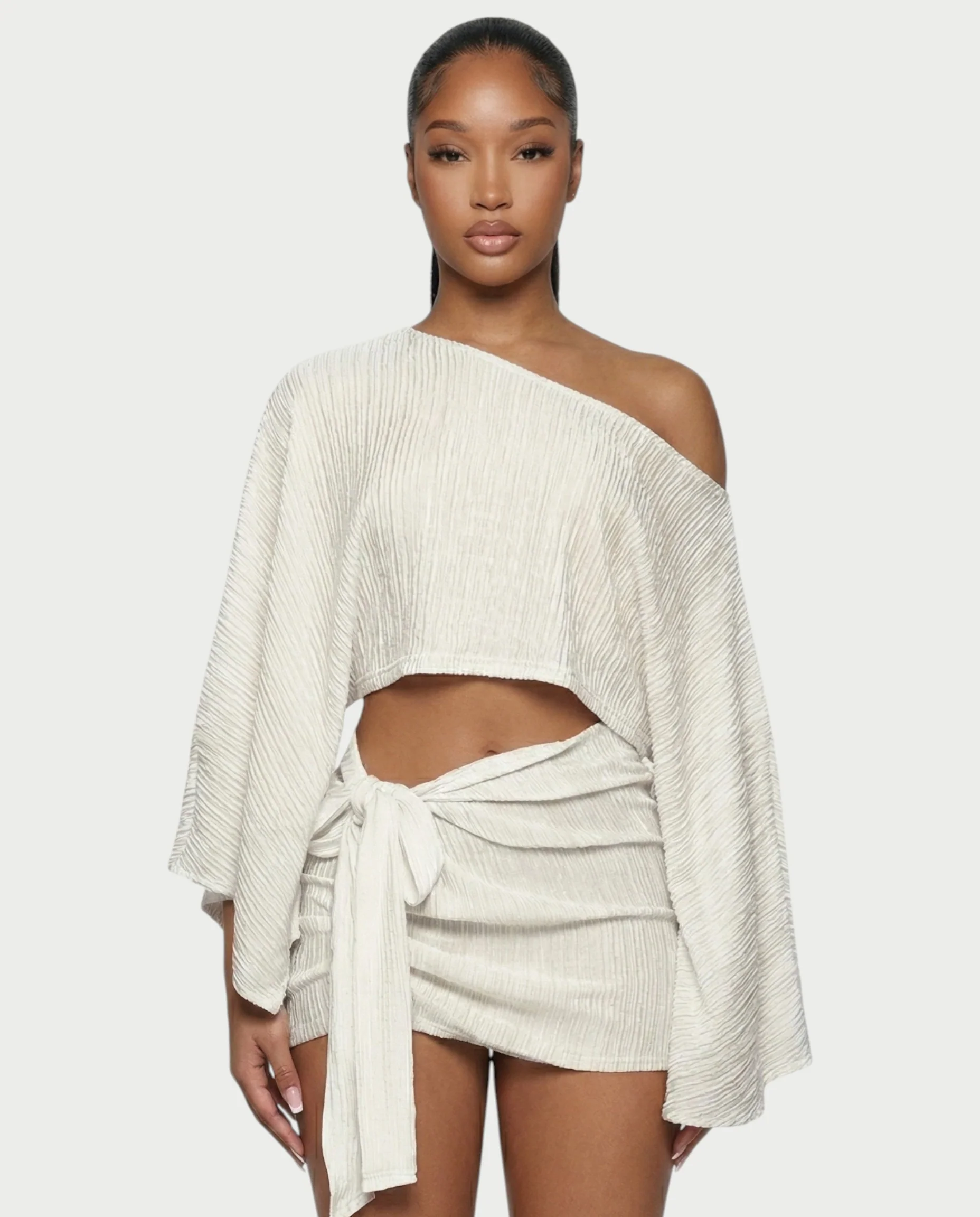 SAYUNA One-Shoulder Top & Tie-Front Mini Skirt Set - Image 14
