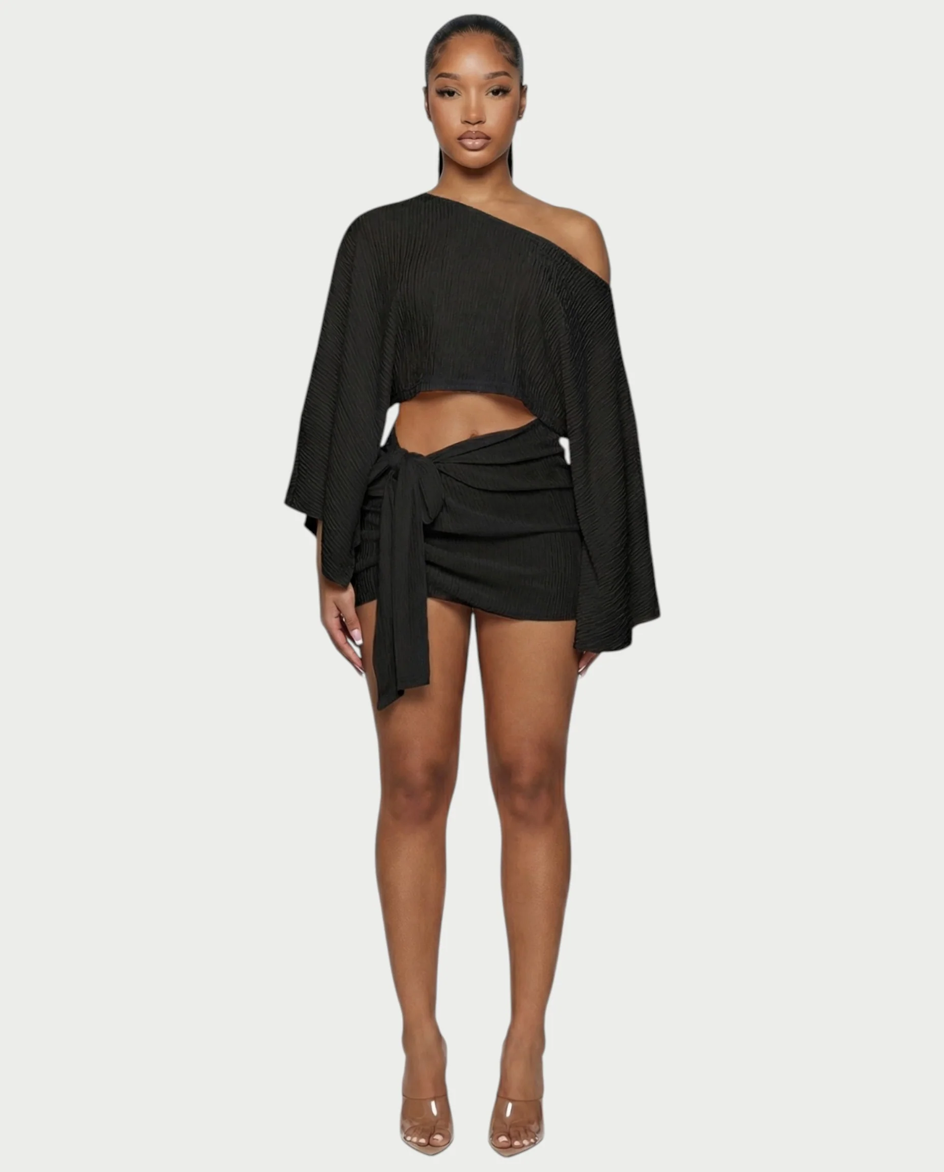 SAYUNA One-Shoulder Top & Tie-Front Mini Skirt Set - Image 16