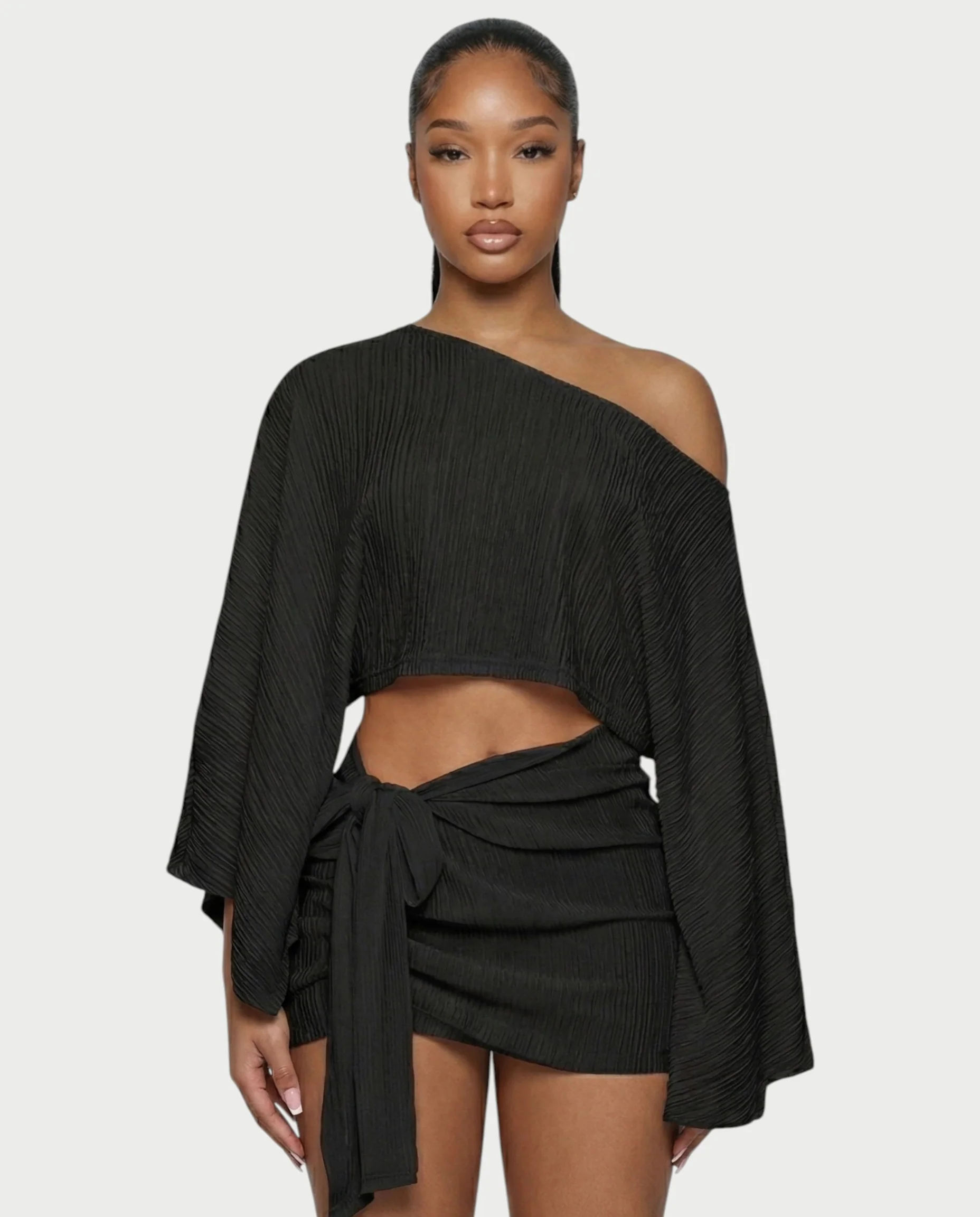SAYUNA One-Shoulder Top & Tie-Front Mini Skirt Set - Image 19