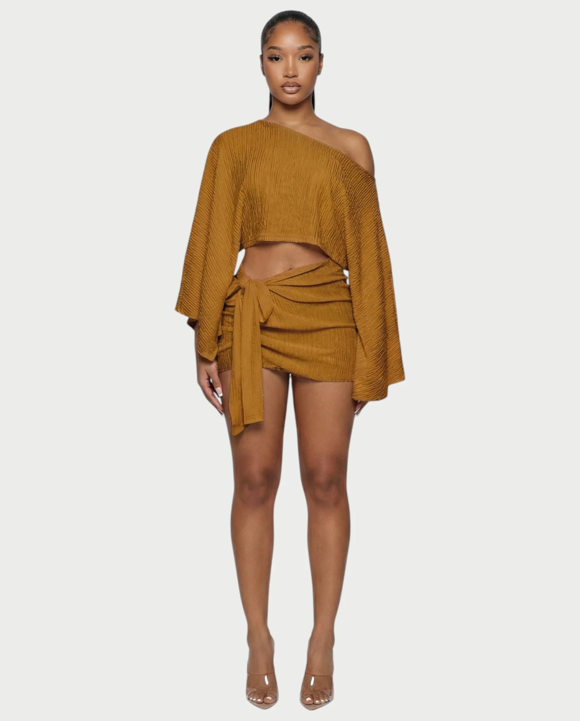 SAYUNA One-Shoulder Top & Tie-Front Mini Skirt Set - Image 21