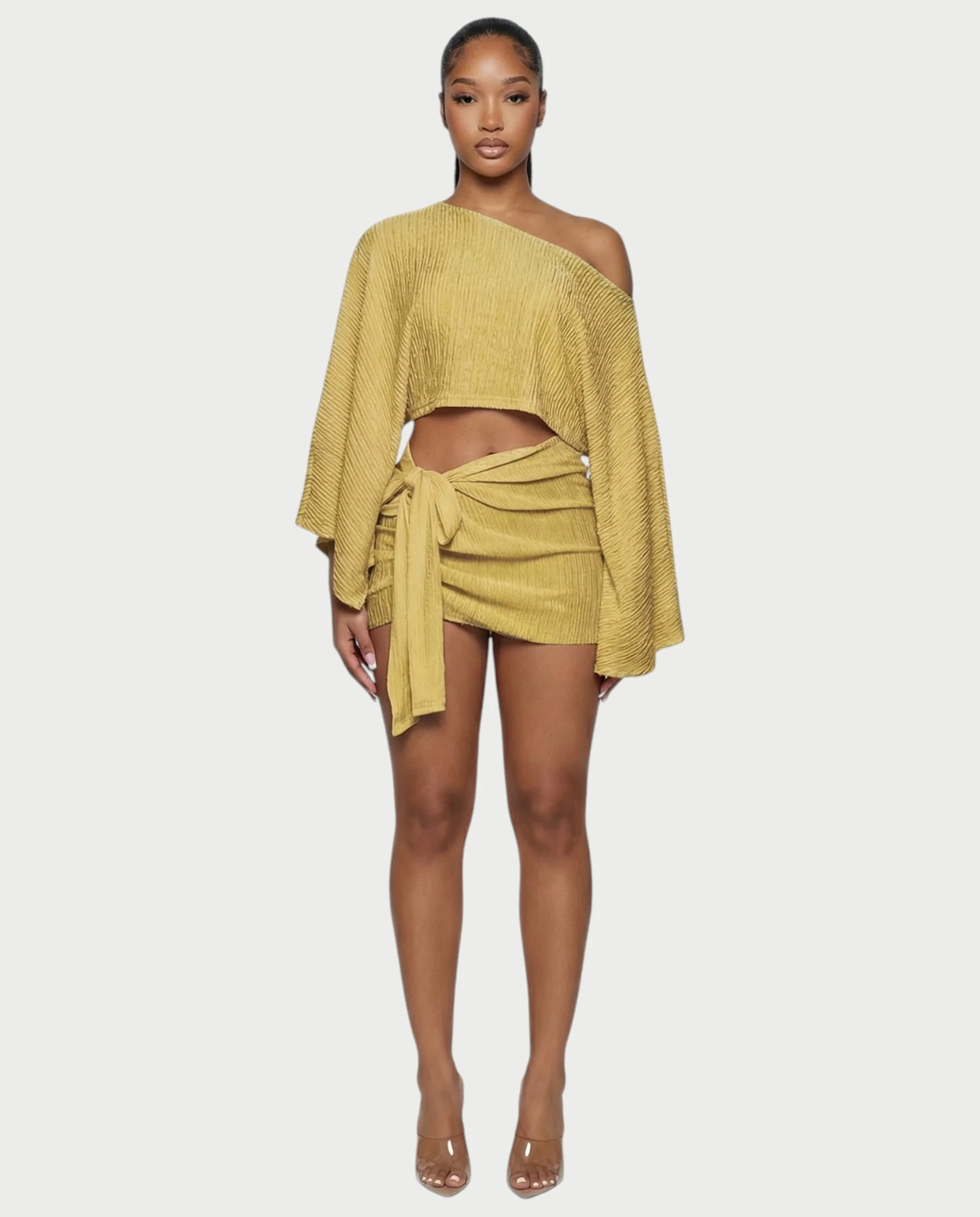 SAYUNA One-Shoulder Top & Tie-Front Mini Skirt Set - Image 26