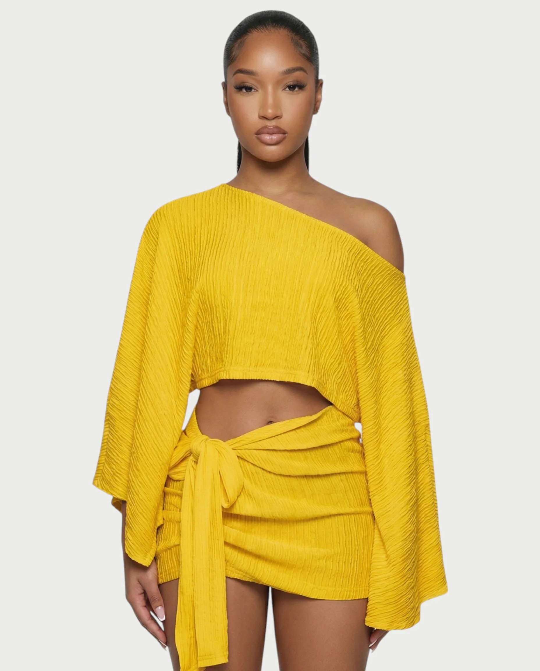 SAYUNA One-Shoulder Top & Tie-Front Mini Skirt Set - Image 4