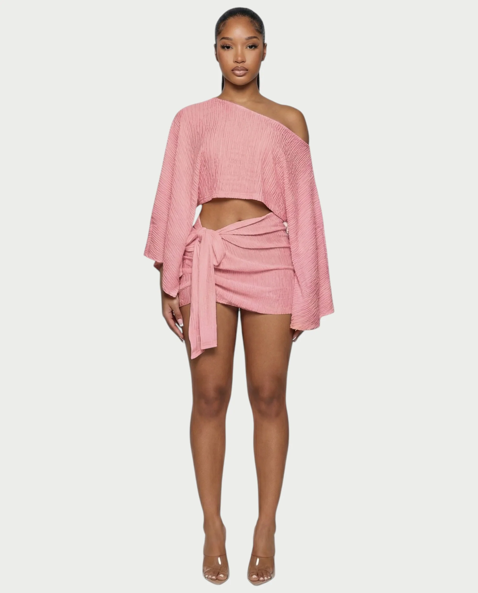 SAYUNA One-Shoulder Top & Tie-Front Mini Skirt Set - Image 6