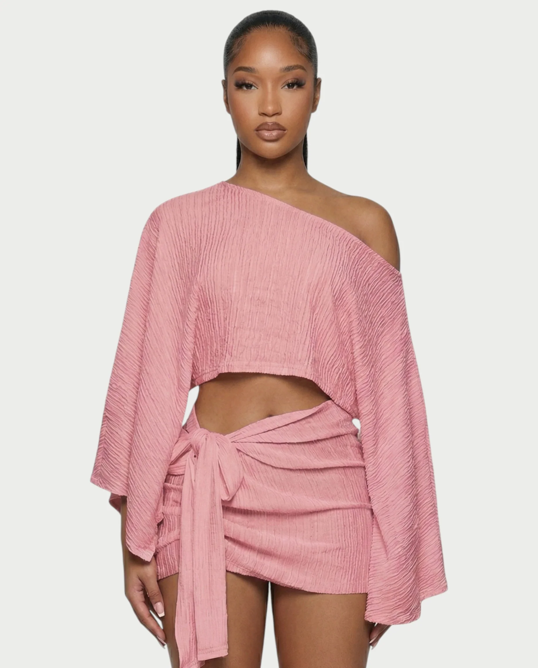 SAYUNA One-Shoulder Top & Tie-Front Mini Skirt Set - Image 9