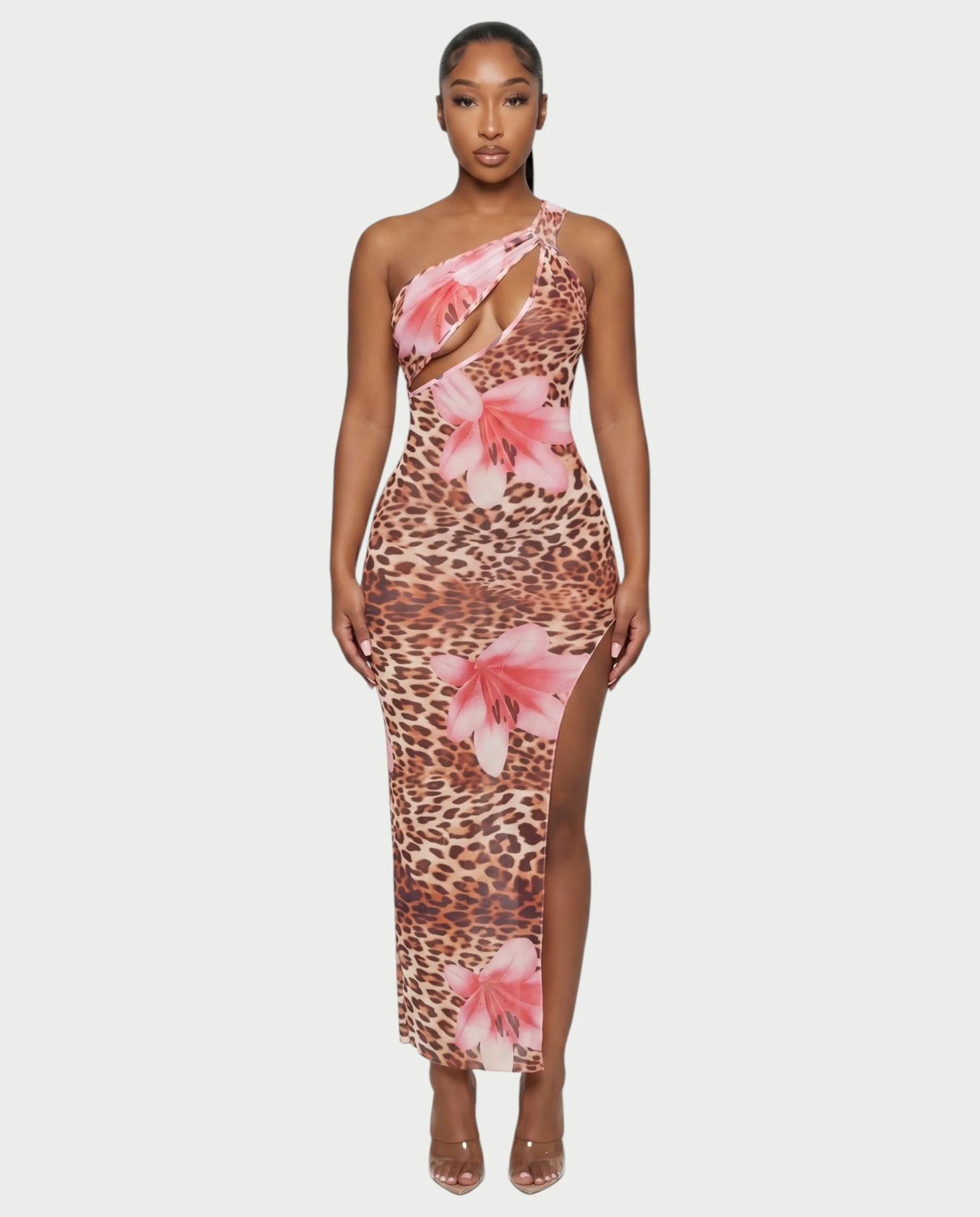 SELVINA Floral Leopard One-Shoulder Maxi Dress