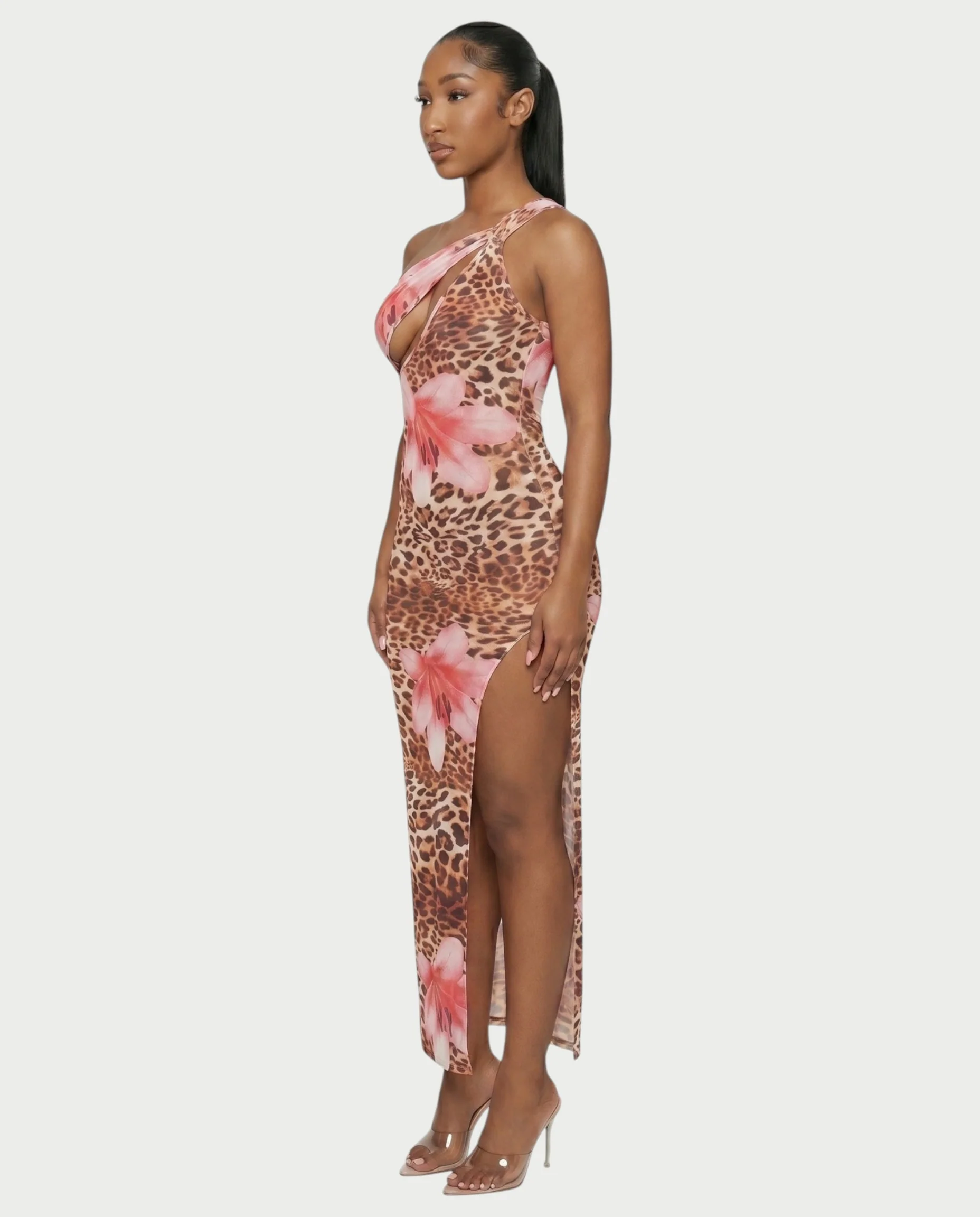 SELVINA Floral Leopard One-Shoulder Maxi Dress - Image 3