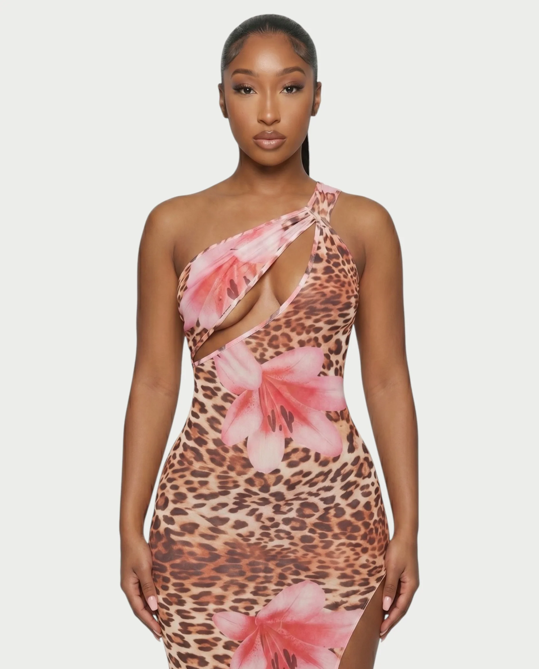 SELVINA Floral Leopard One-Shoulder Maxi Dress - Image 4