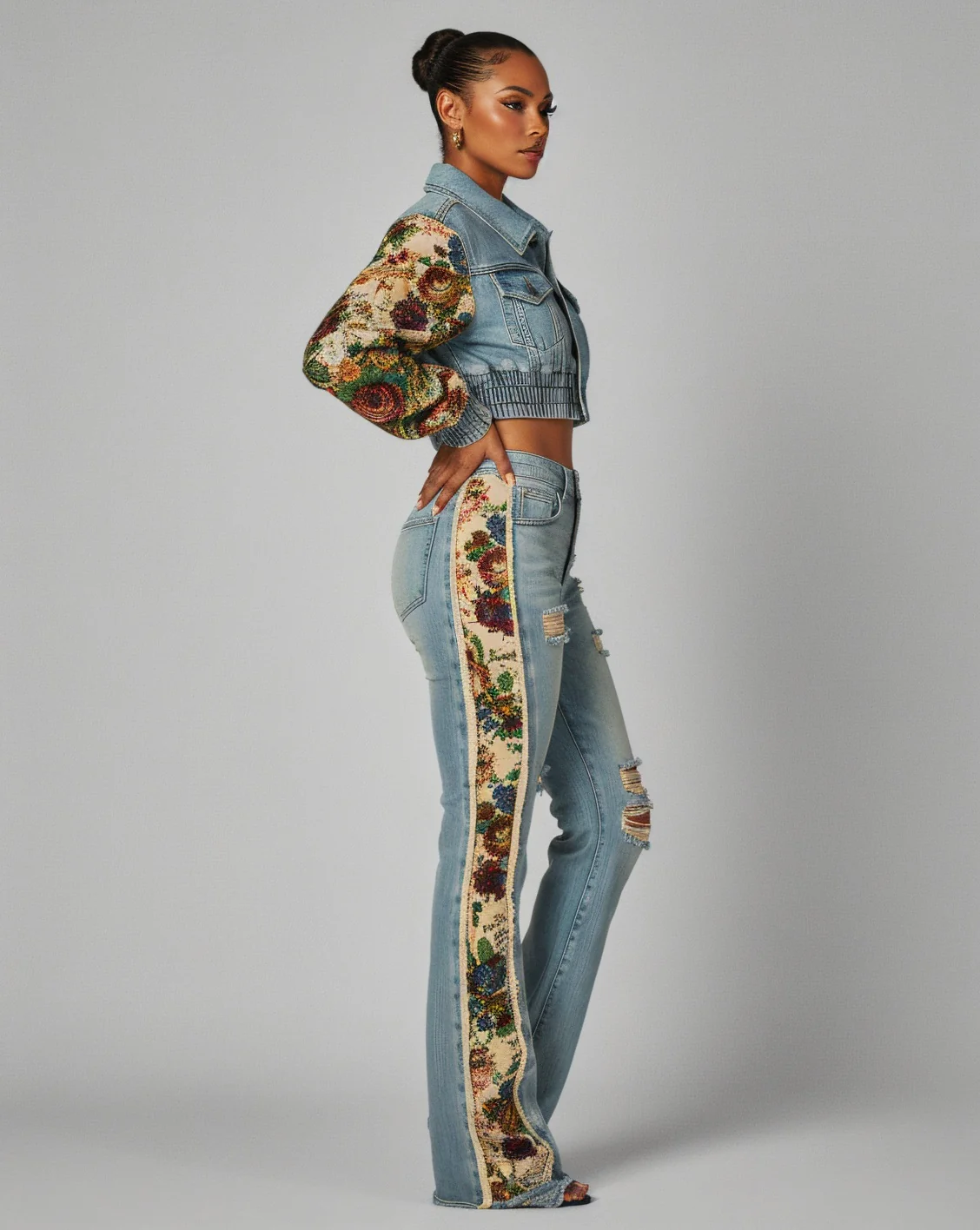 SHAY Denim Tapestry Cropped Jacket & Pant Set - Image 3