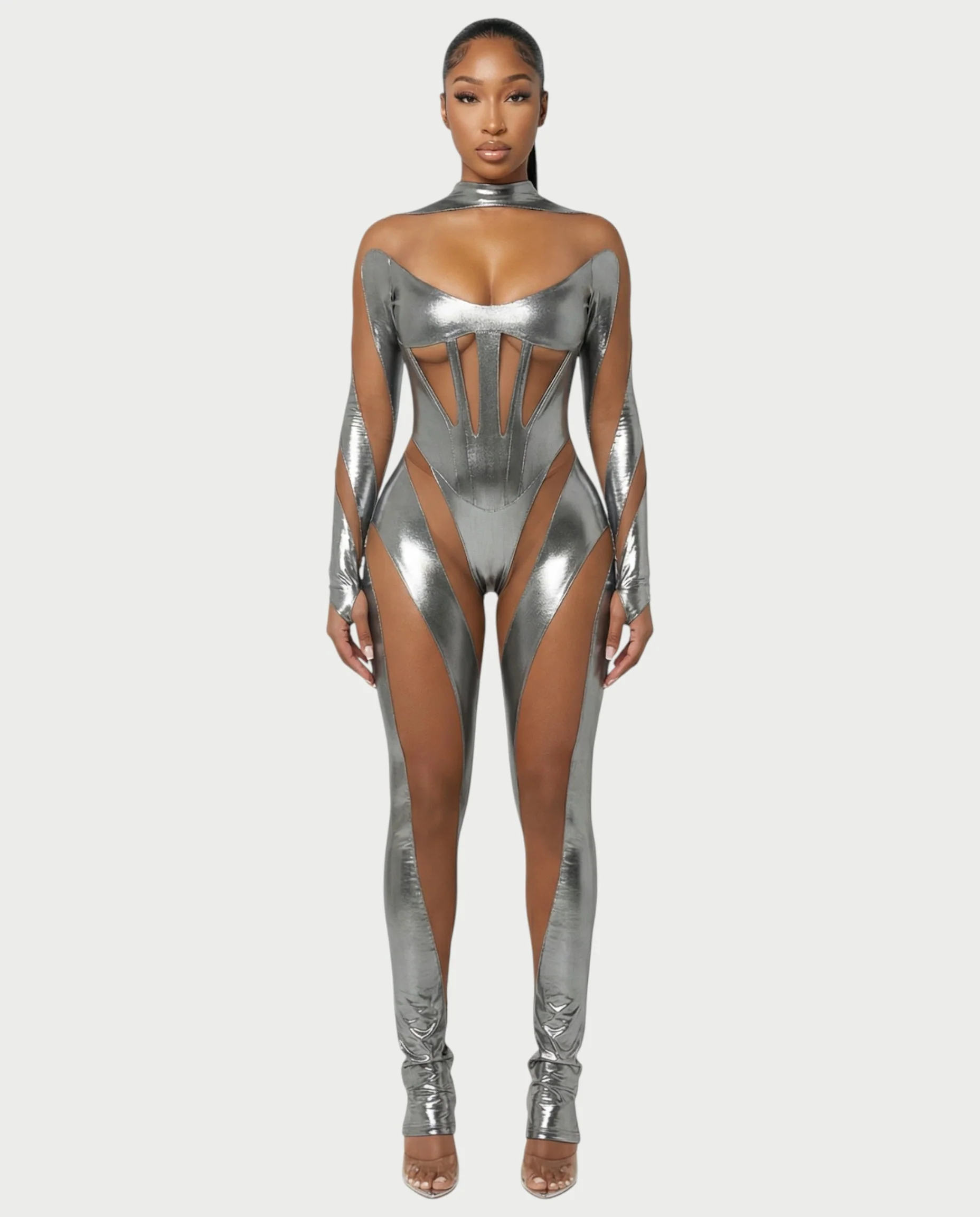SHAYA Mesh & Metallic Cutout Jumpsuit
