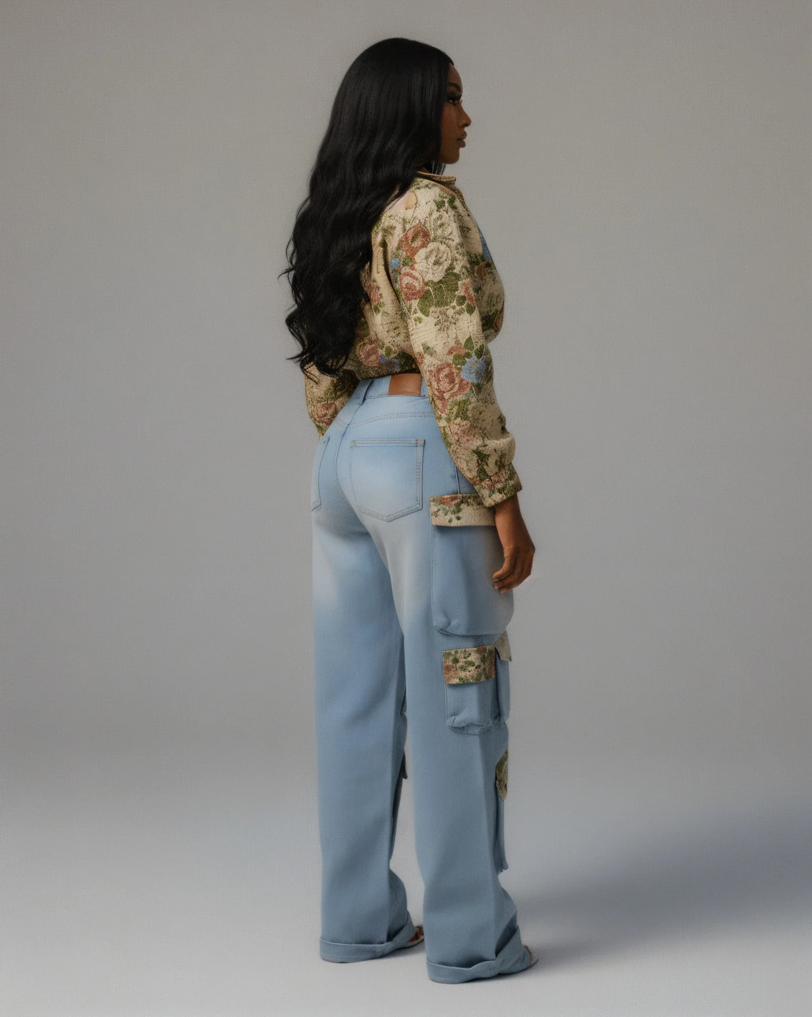 SHENA Floral Cropped Jacket & Cargo Jean Set - Image 4