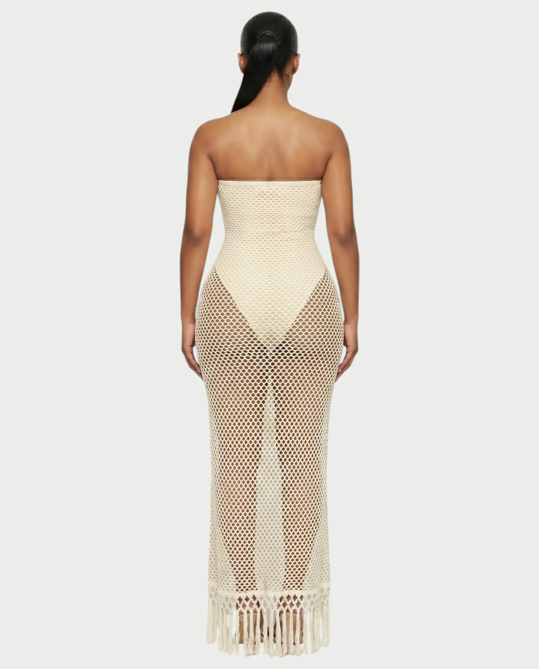 SHREYA Strapless Fishnet Fringe Hem Maxi Dress - Image 2