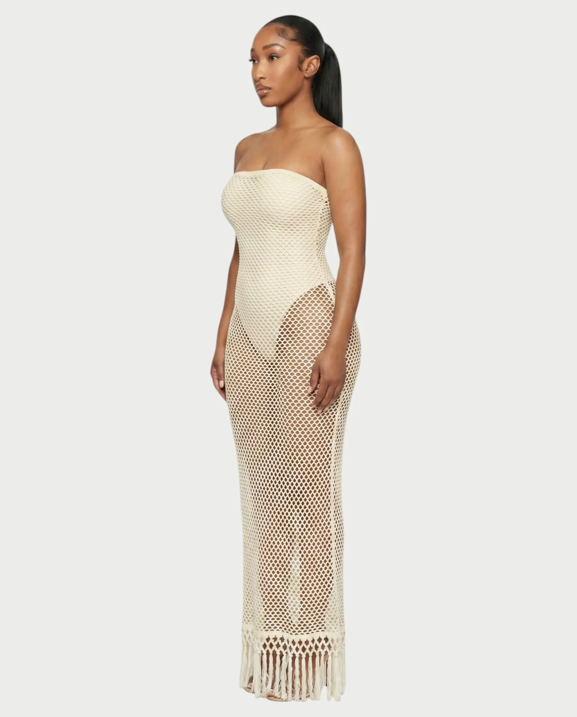 SHREYA Strapless Fishnet Fringe Hem Maxi Dress - Image 3
