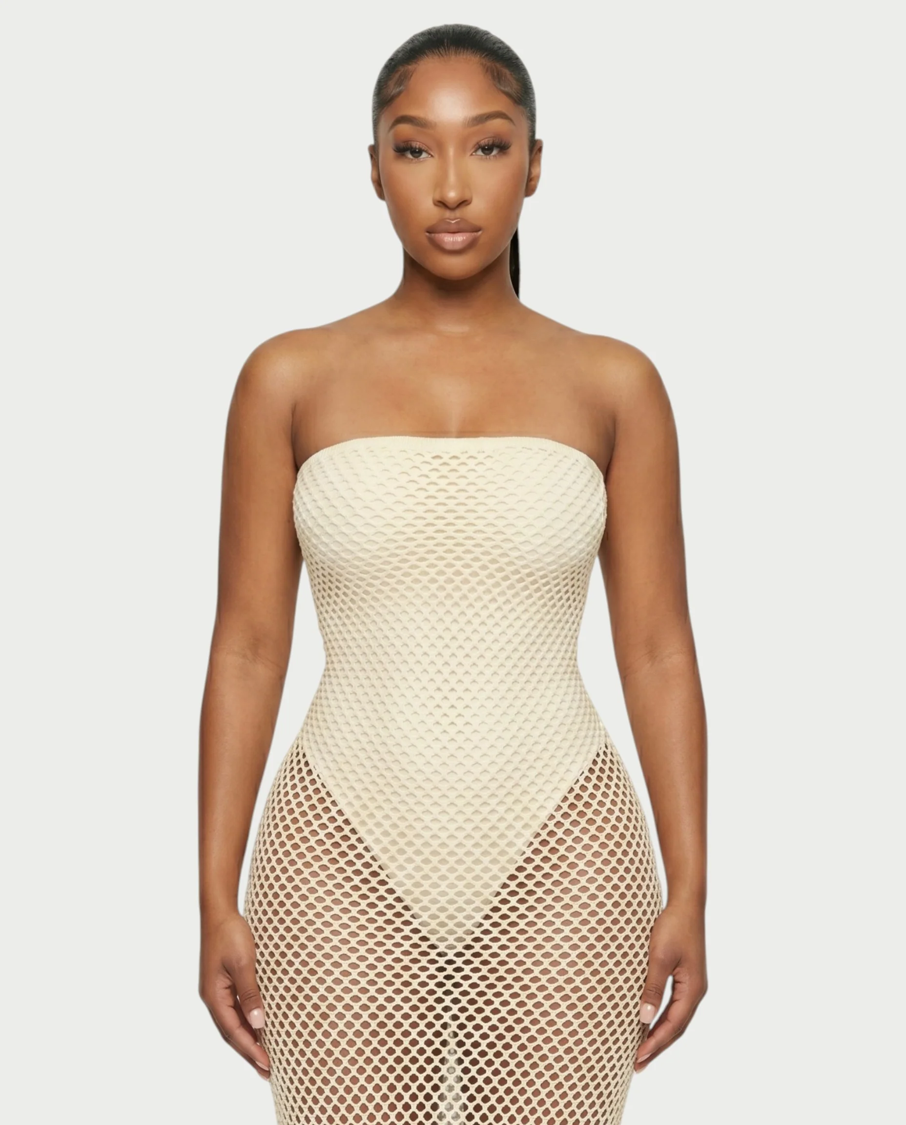 SHREYA Strapless Fishnet Fringe Hem Maxi Dress - Image 4