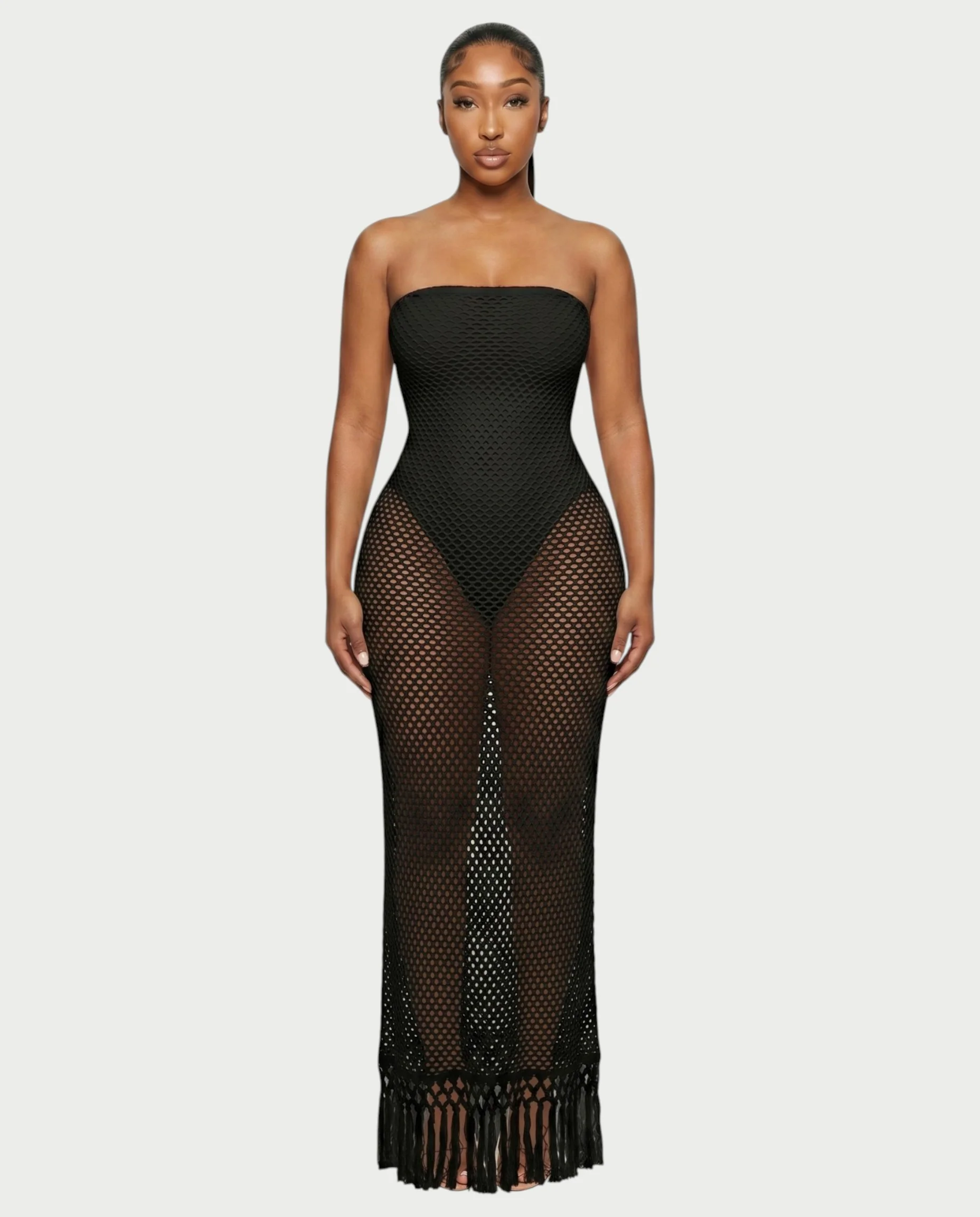 SHREYA Strapless Fishnet Fringe Hem Maxi Dress - Image 6