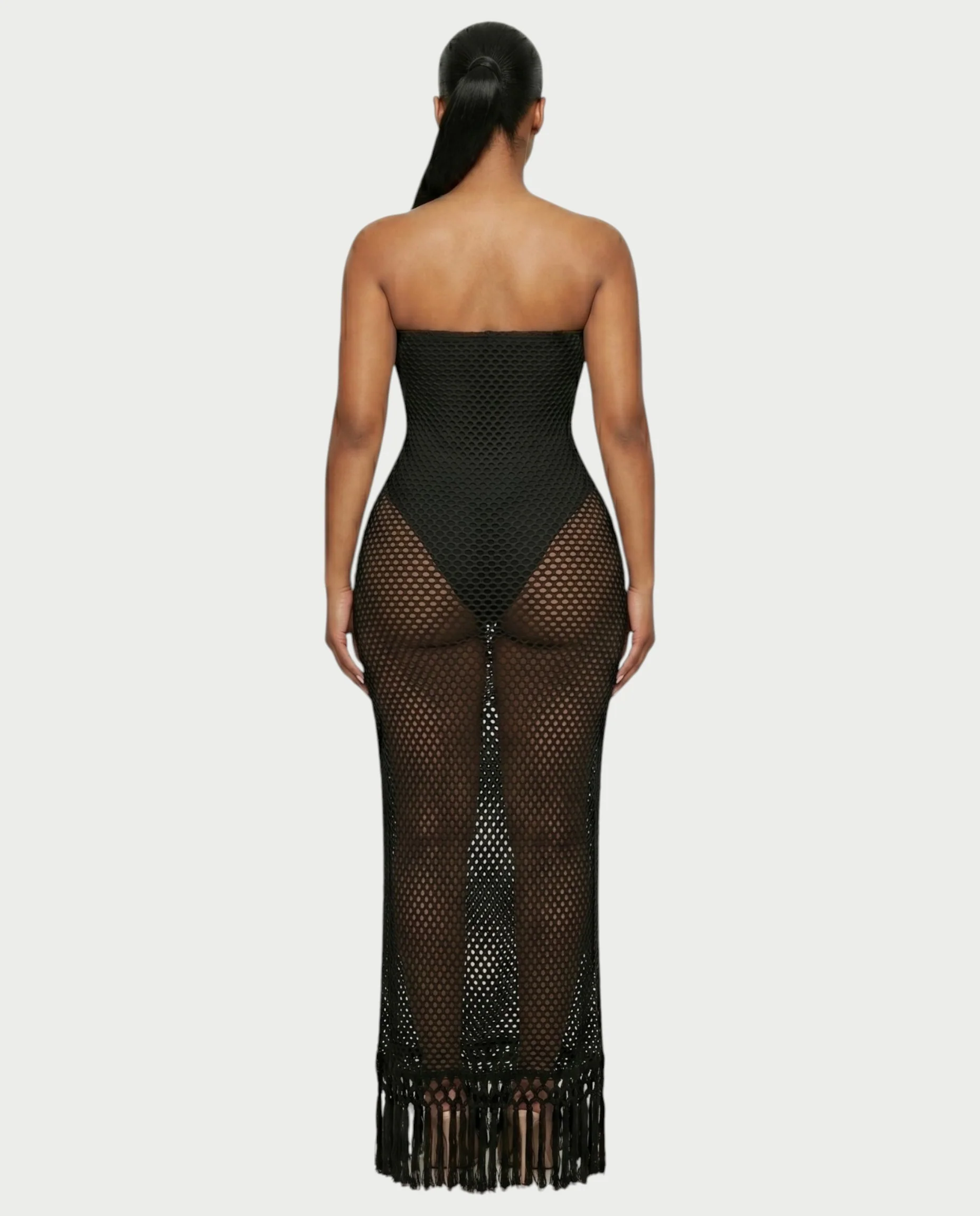 SHREYA Strapless Fishnet Fringe Hem Maxi Dress - Image 7