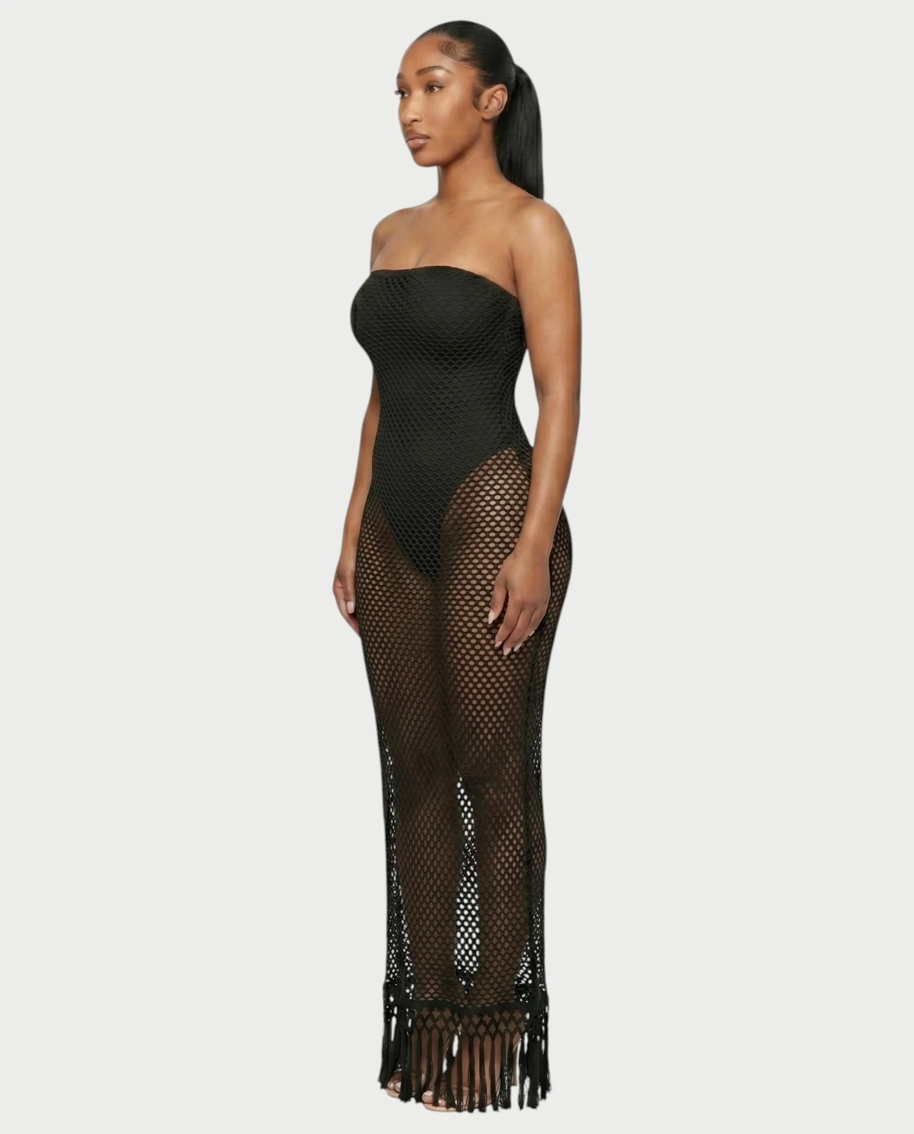 SHREYA Strapless Fishnet Fringe Hem Maxi Dress - Image 8
