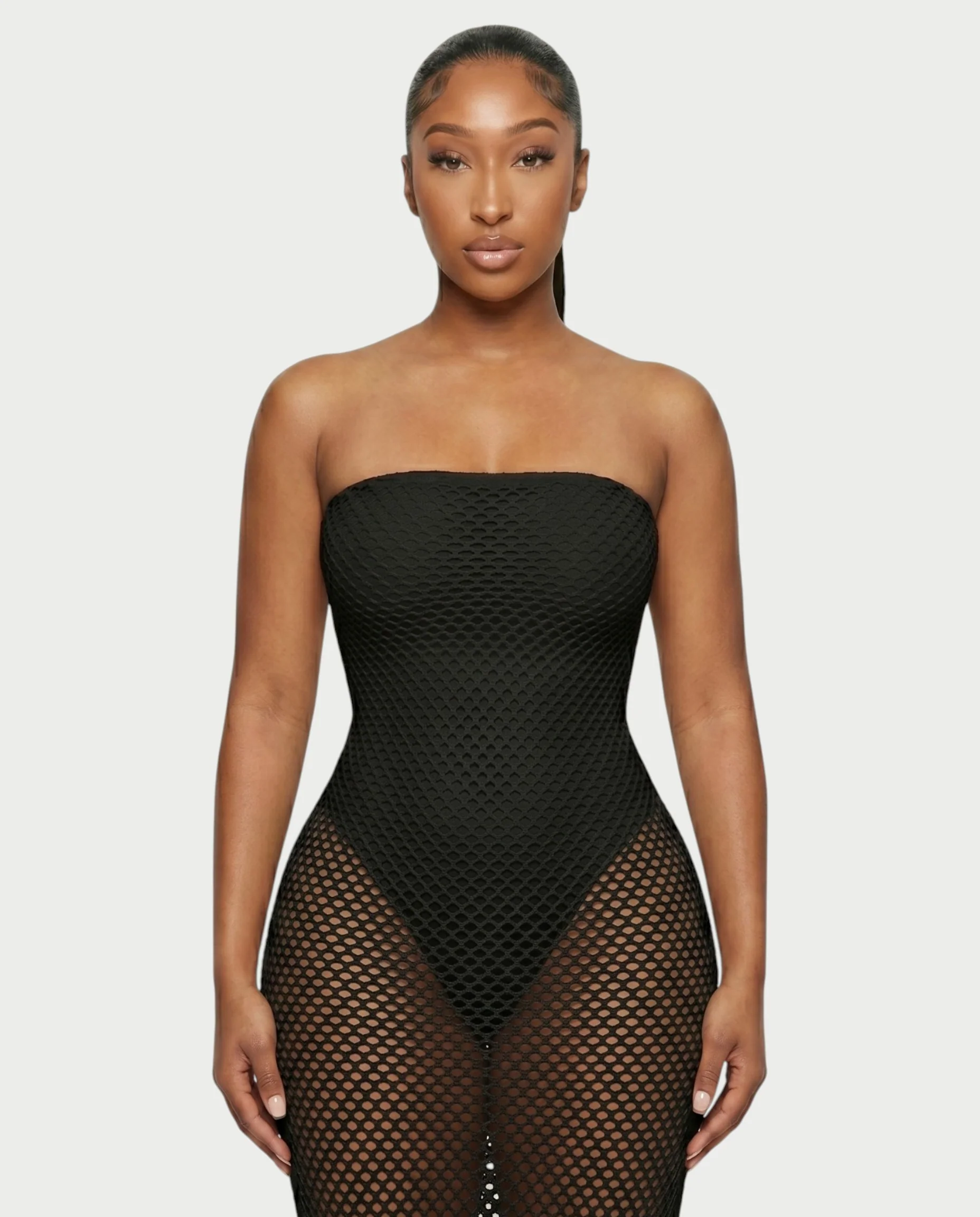 SHREYA Strapless Fishnet Fringe Hem Maxi Dress - Image 9
