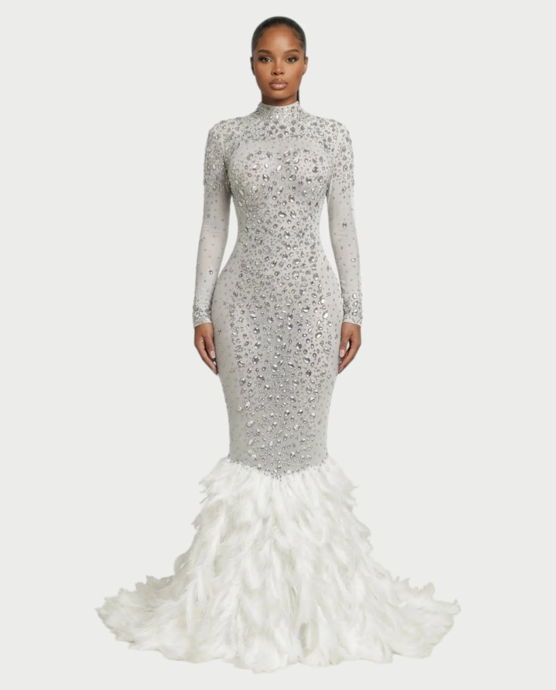 SOSANE Diamond High-Neck Feather Mermaid Maxi Dress - Image 26
