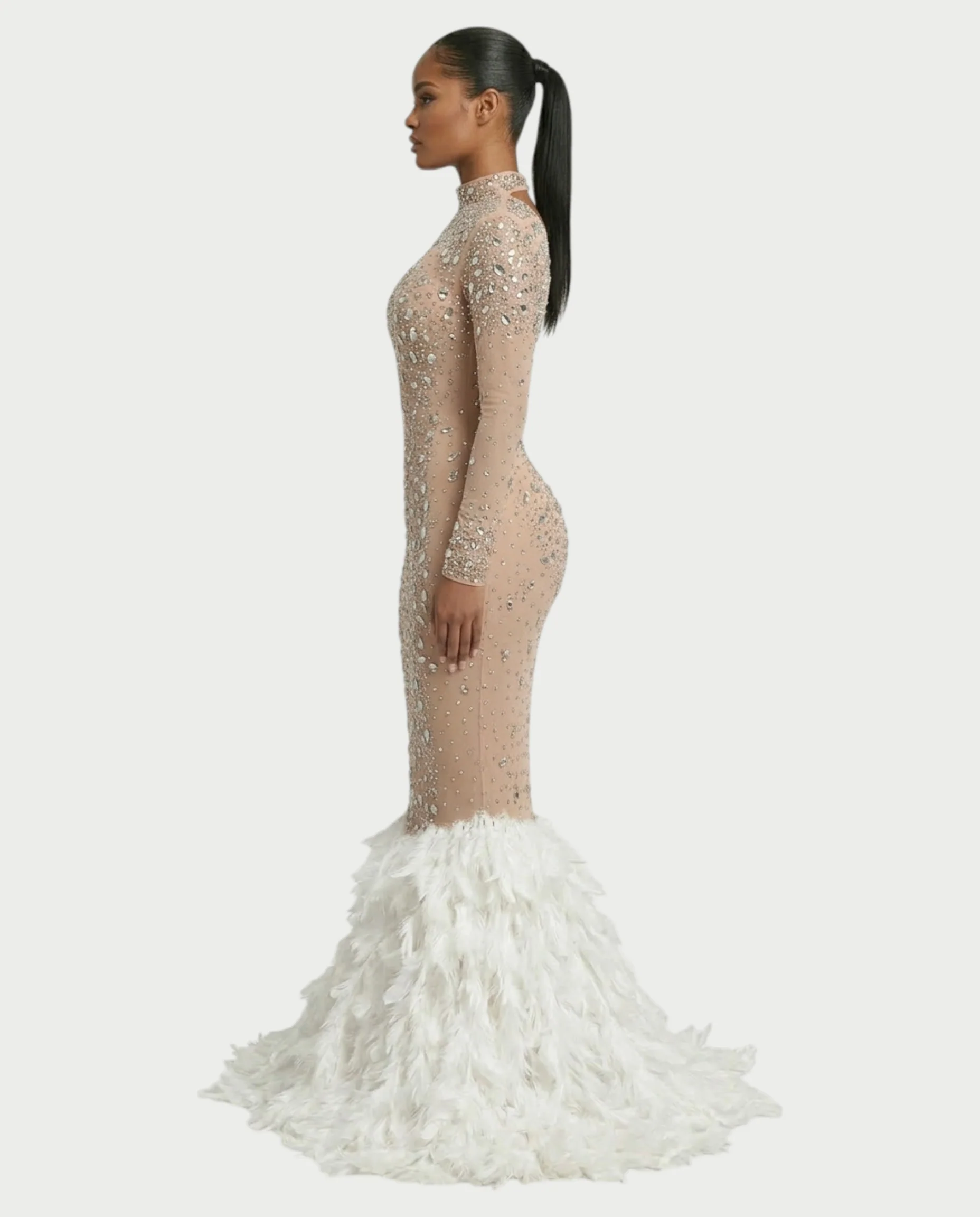 SOSANE Diamond High-Neck Feather Mermaid Maxi Dress - Image 32