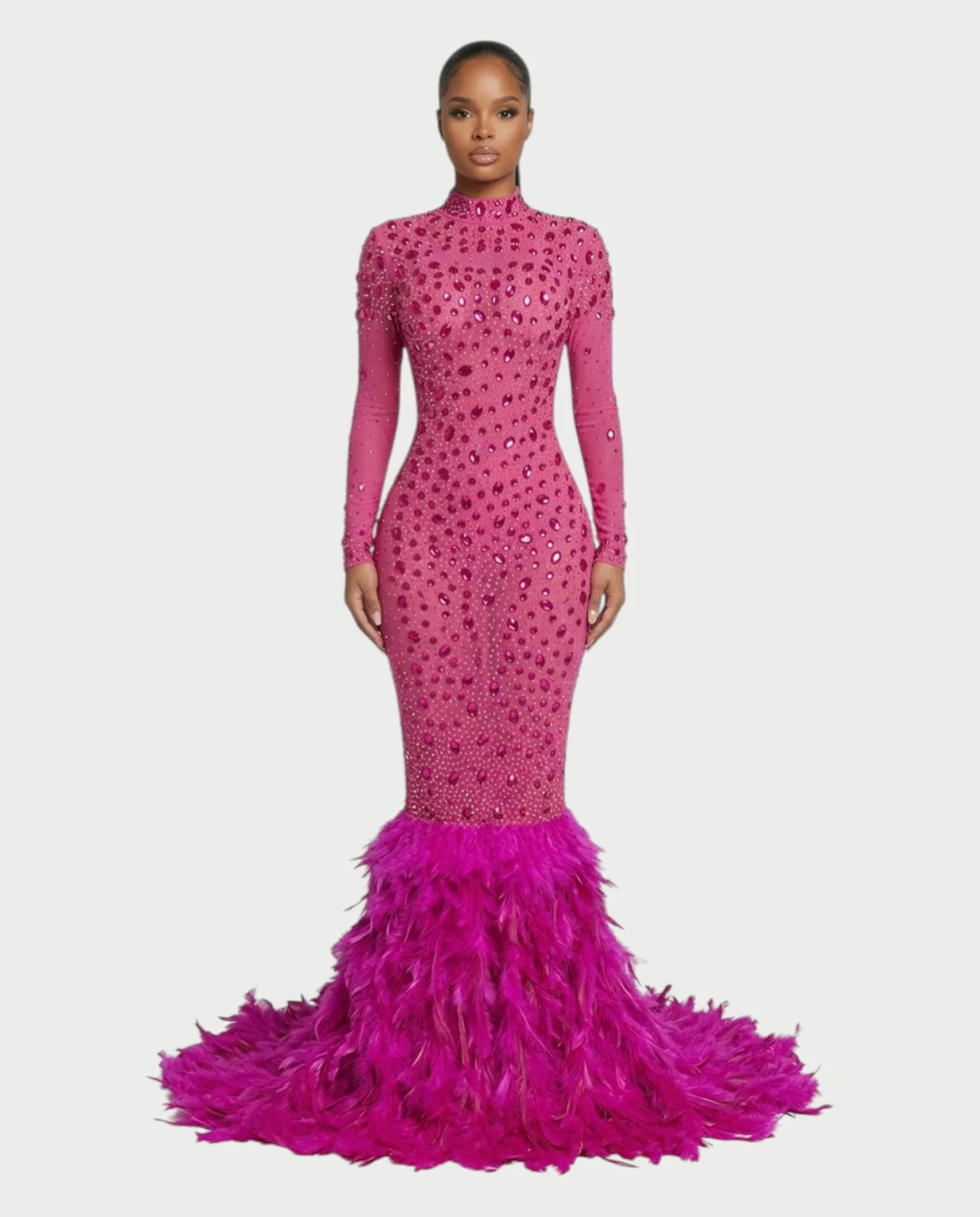 SOSANE Diamond High-Neck Feather Mermaid Maxi Dress - Image 36