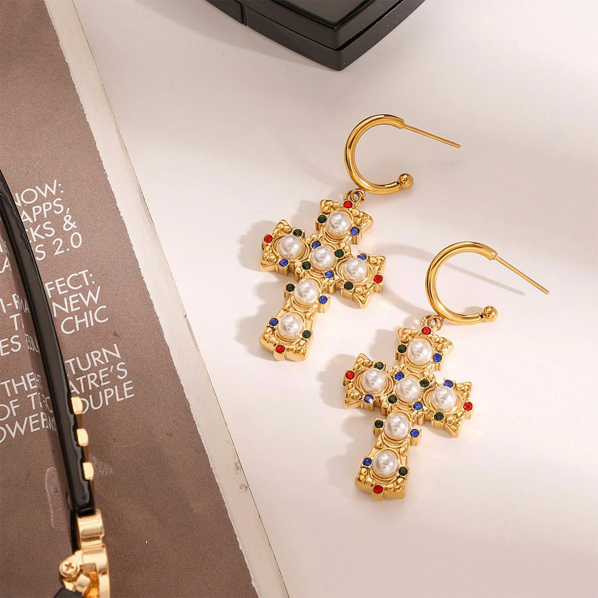 Stainless Steel Pearl Cross Earings - Image 3