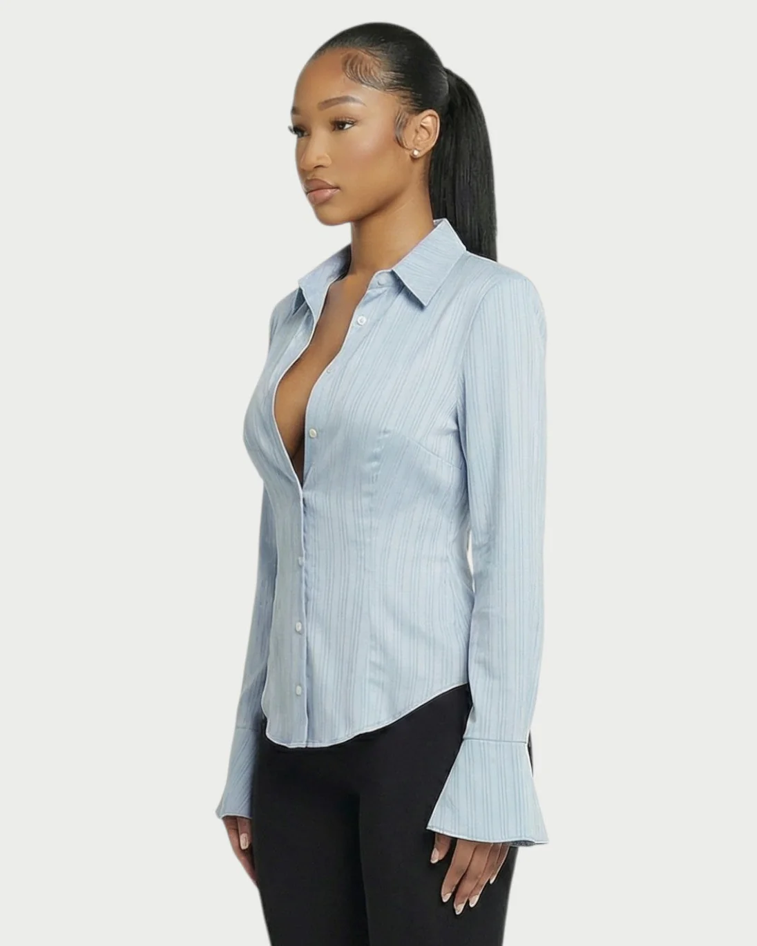 Stripe Button-Down Flared Cuffs Shirt - Image 3