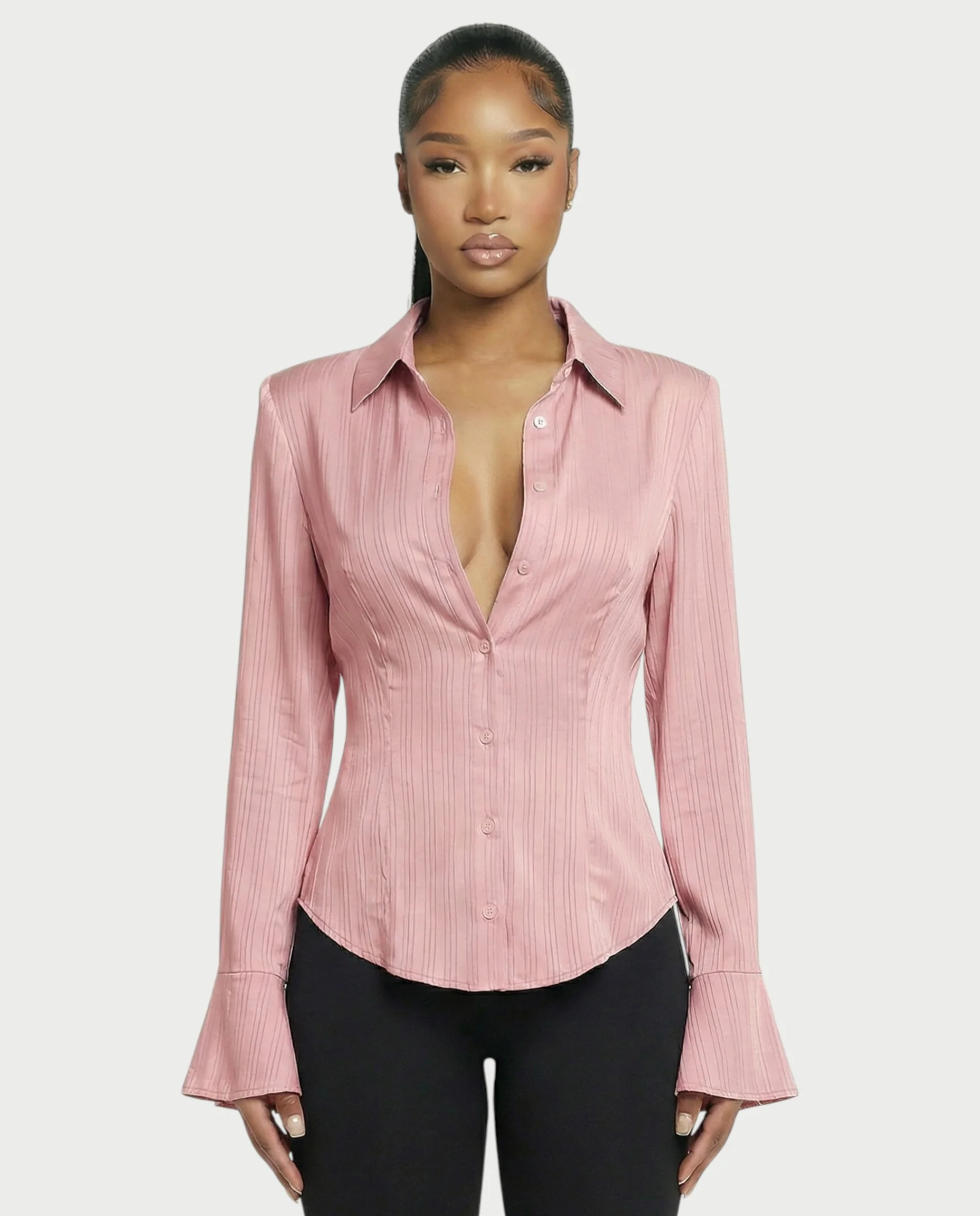Stripe Button-Down Flared Cuffs Shirt - Image 5