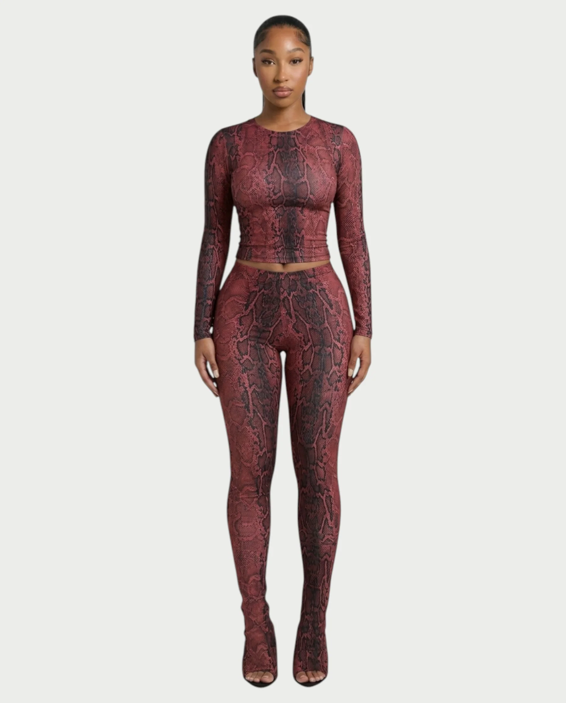 SURIVA Snakeskin Long Sleeve Top & Flared Legging Set