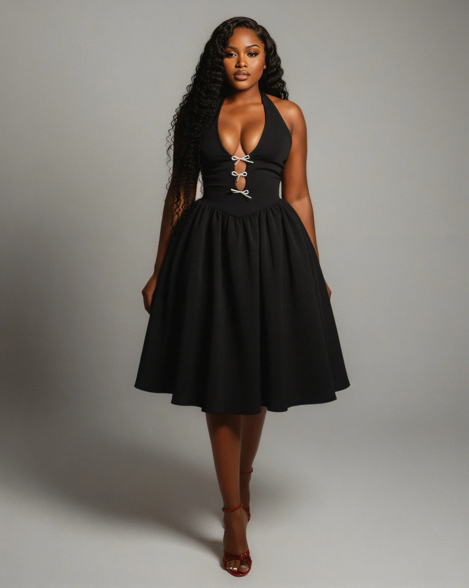TALORA Embellished Bow Halter Midi Dress - Image 5