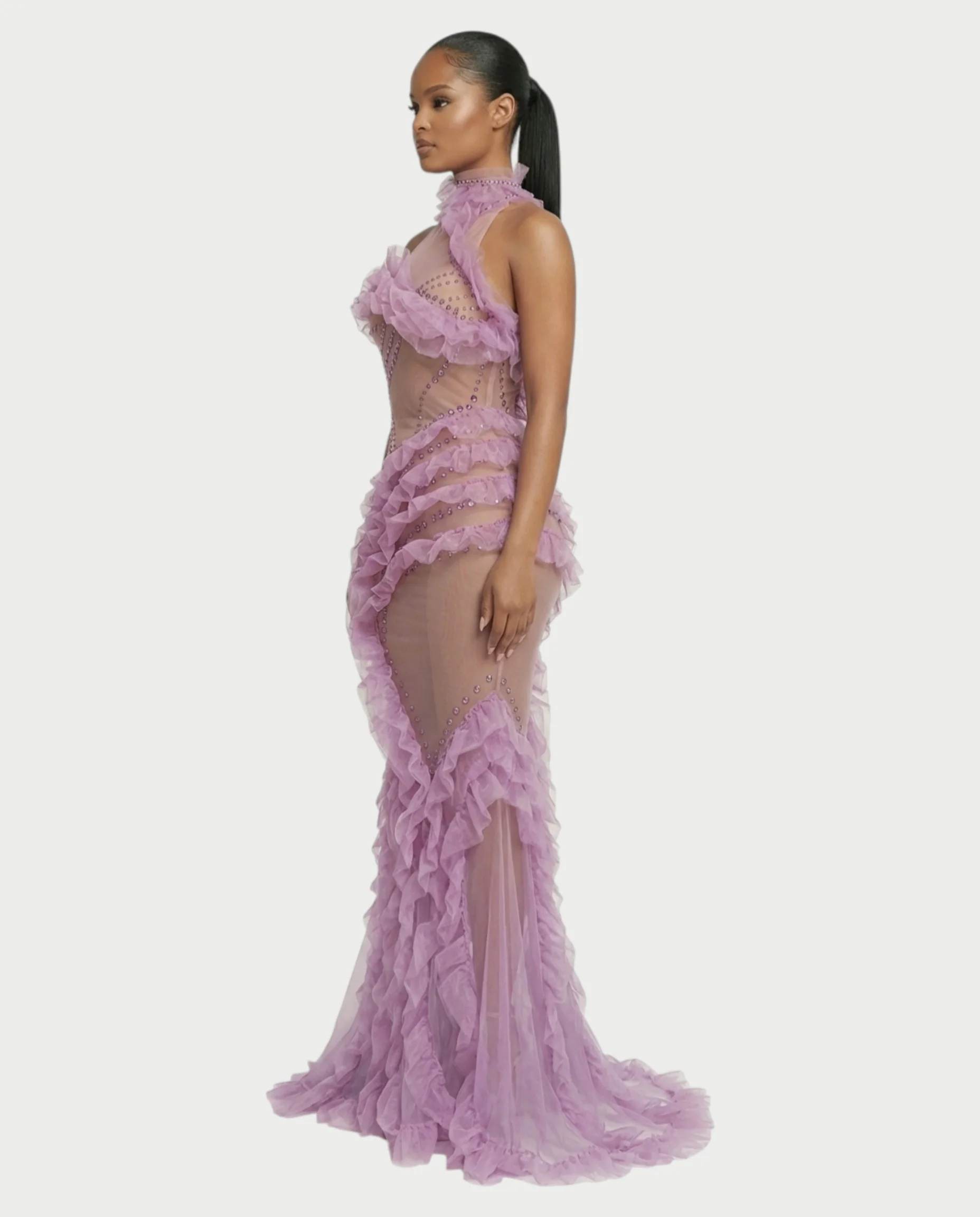 TERRIE Sheer Rhinestone & Ruffle High-Neck Maxi Dress - Image 3