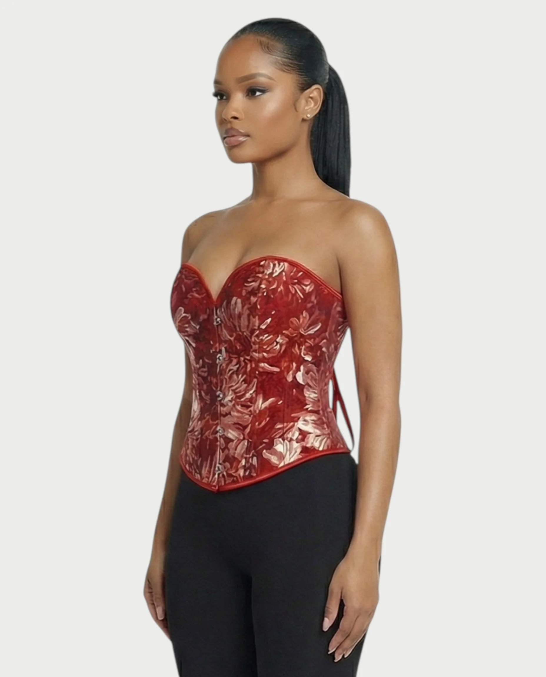THEARA Ruby Red Floral Jacquard Corset Top - Image 3