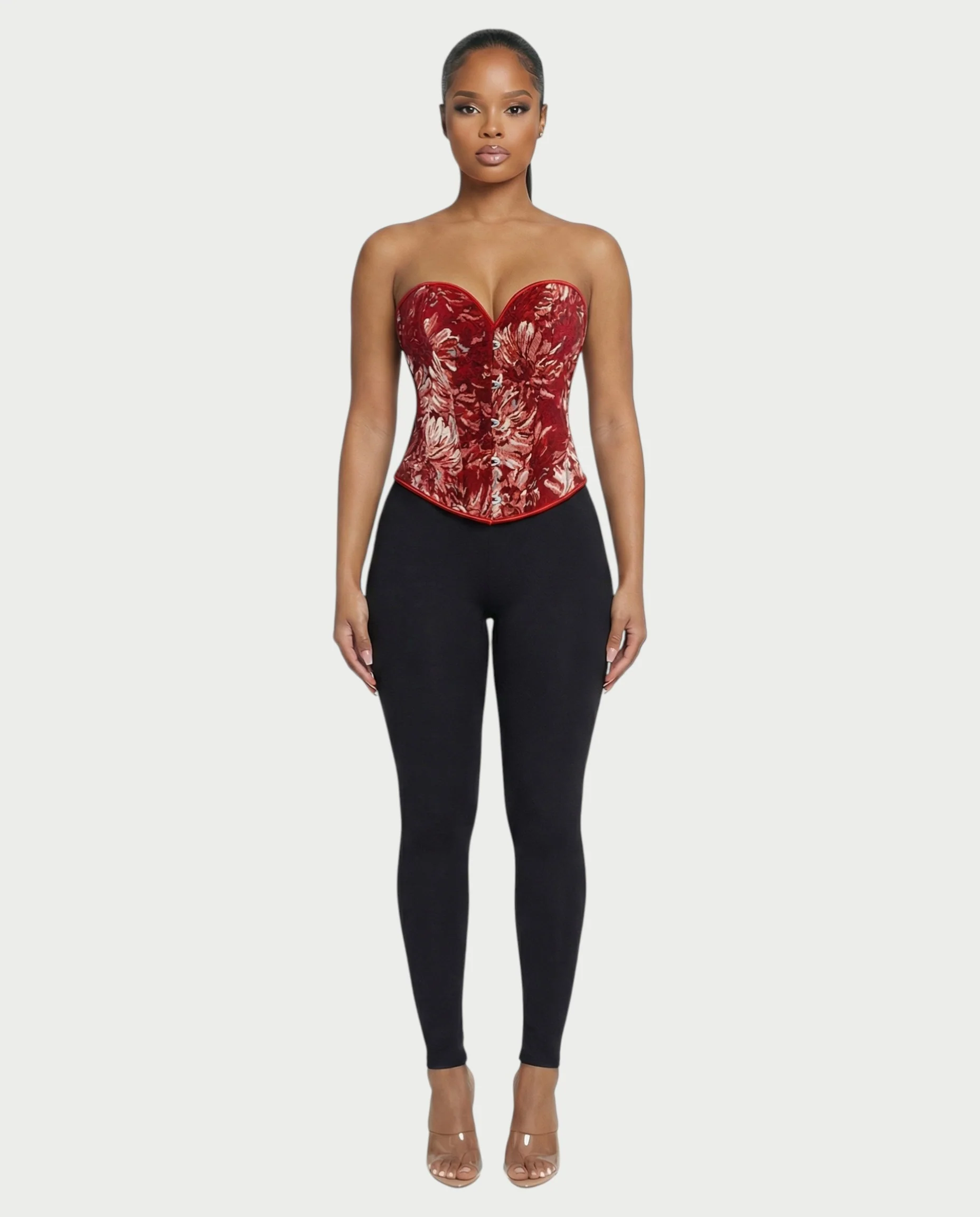 THEARA Ruby Red Floral Jacquard Corset Top - Image 4