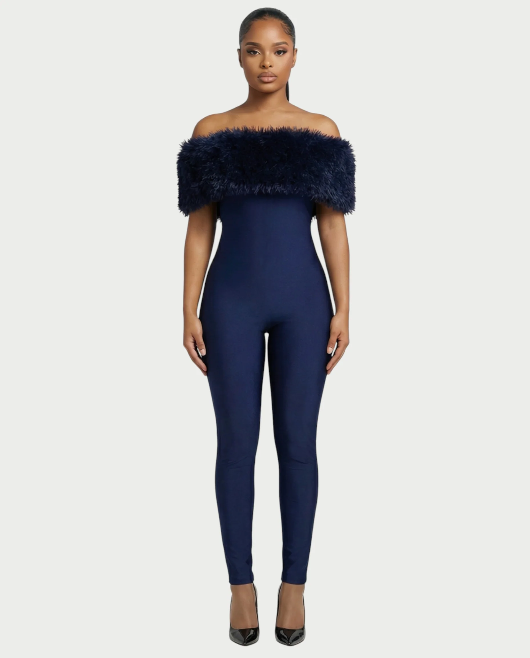 TRINA Off-Shoulder Faux Fur Trim Jumpsuit