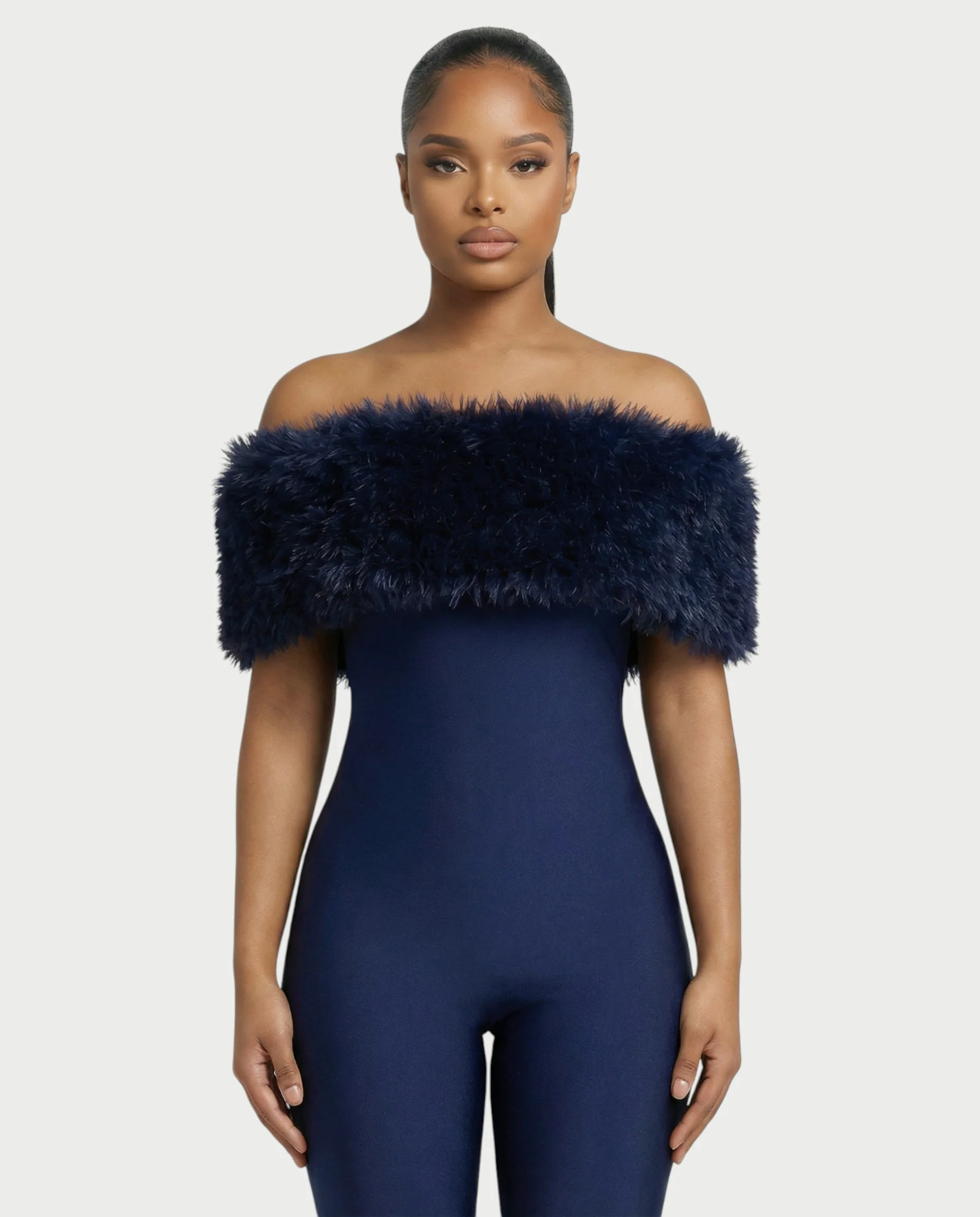 TRINA Off-Shoulder Faux Fur Trim Jumpsuit - Image 2