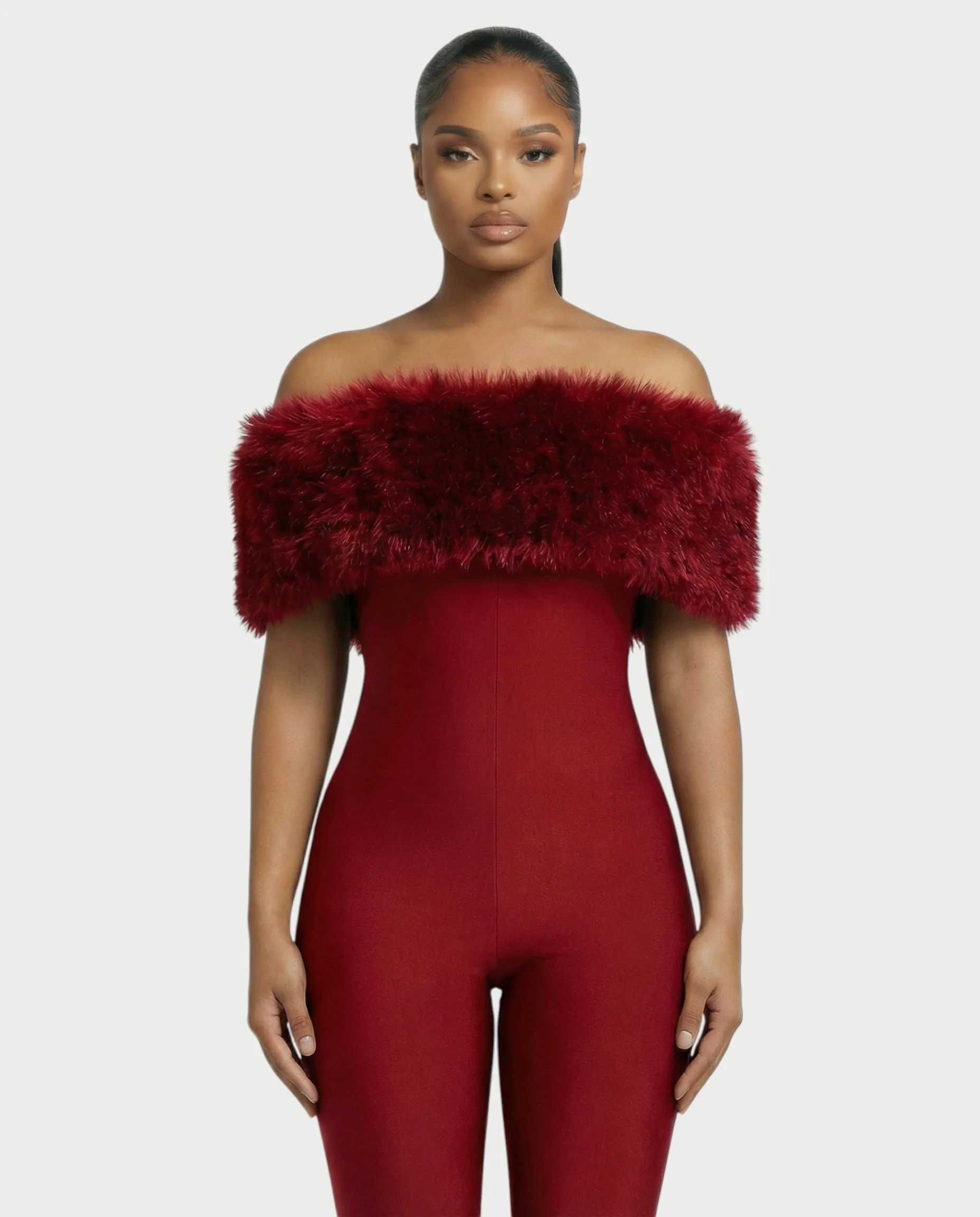 TRINA Off-Shoulder Faux Fur Trim Jumpsuit - Image 7