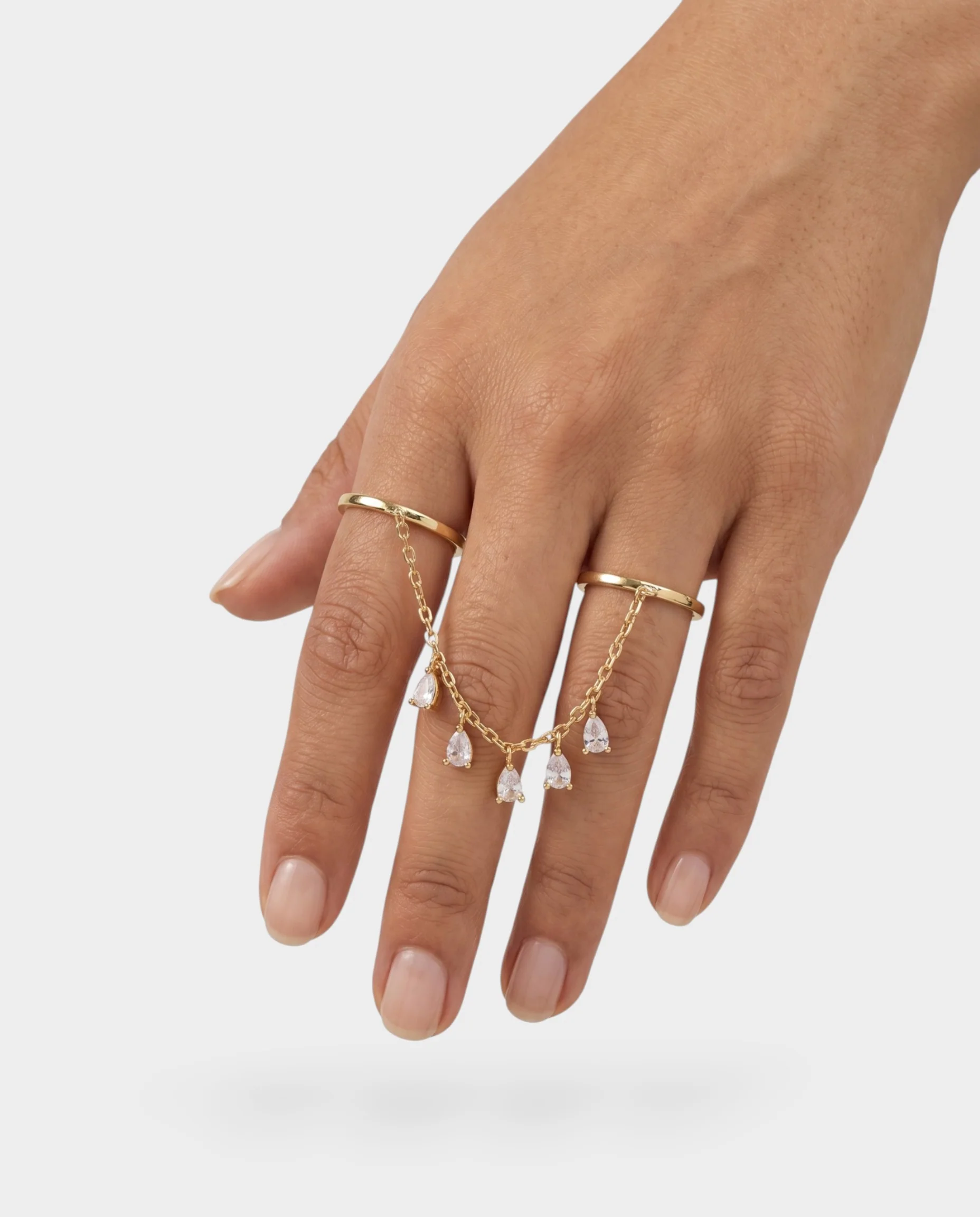 Two-Finger Pear-Cut Crystal Chain Ring