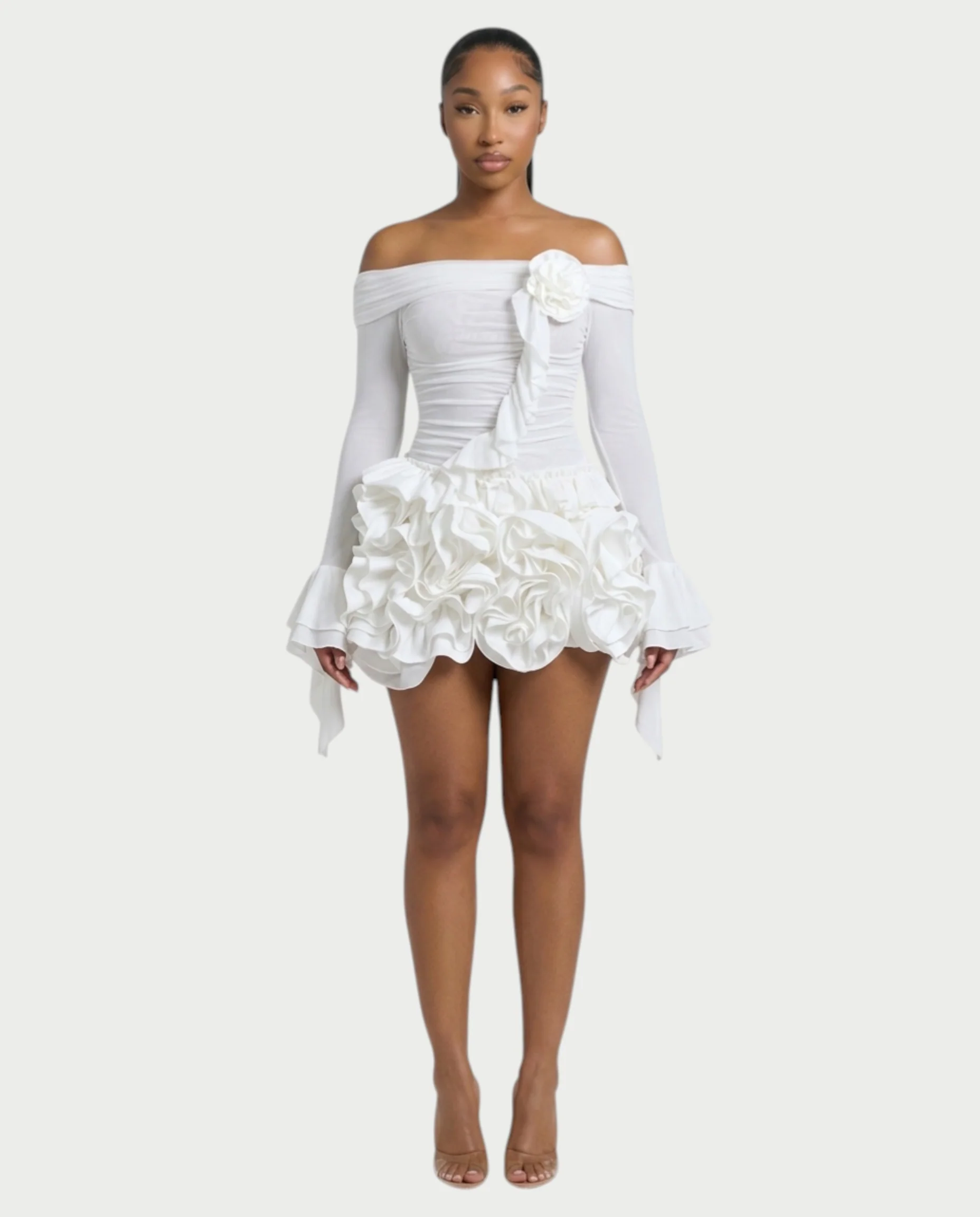 URELLE Off-Shoulder Ruched Top & Ruffle Mini Skort Set