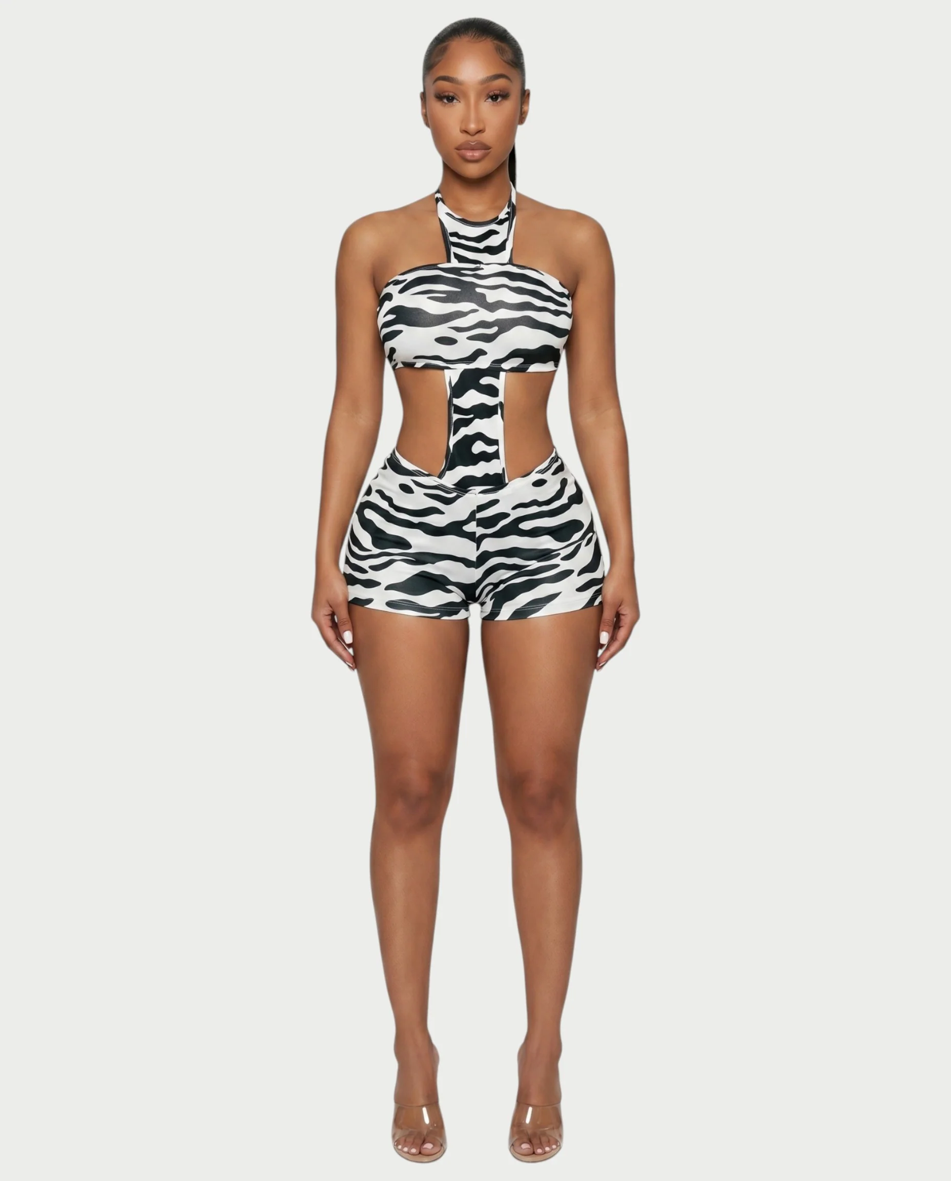 VALINA Zebra Print Halter Cutout Romper