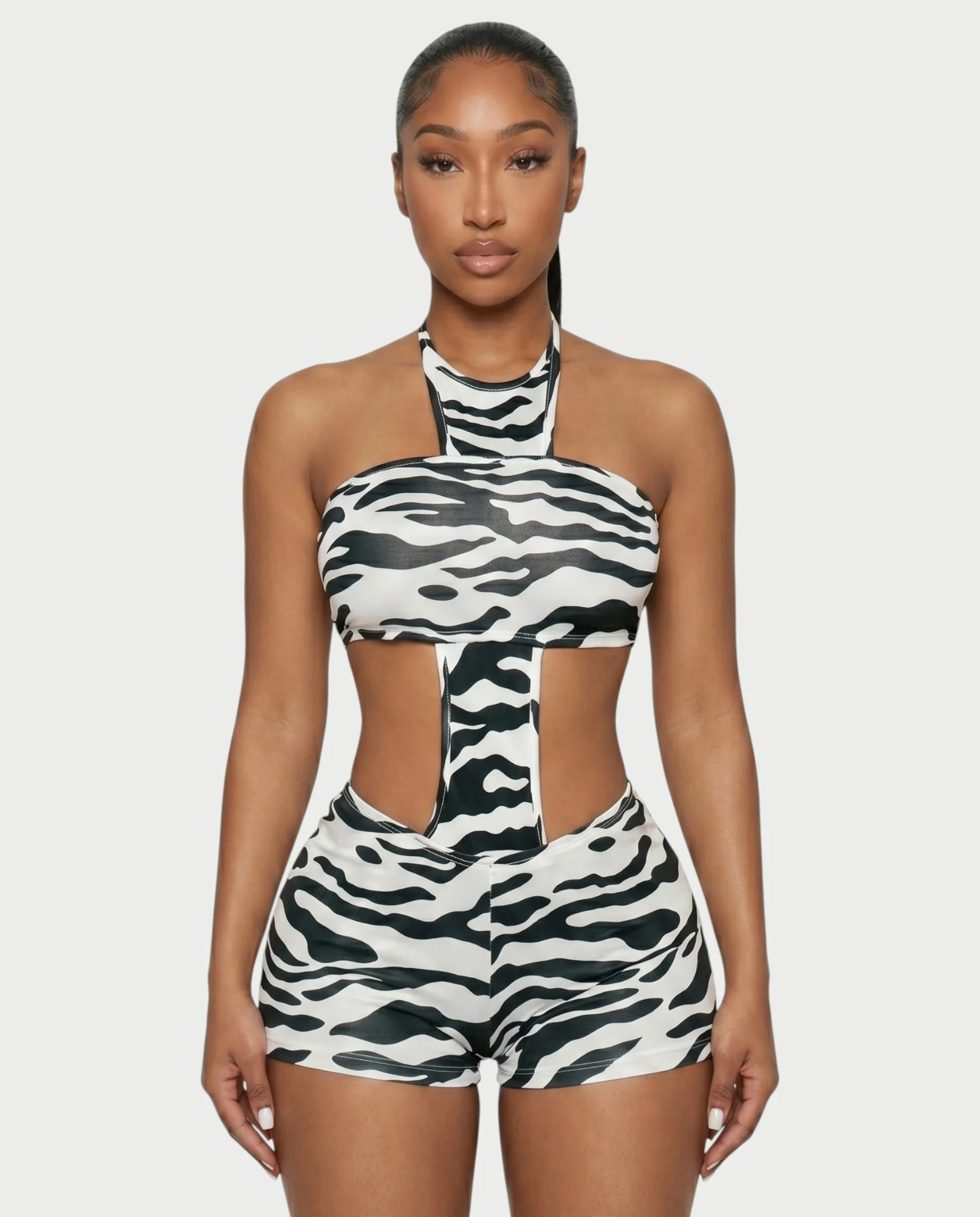 VALINA Zebra Print Halter Cutout Romper - Image 4